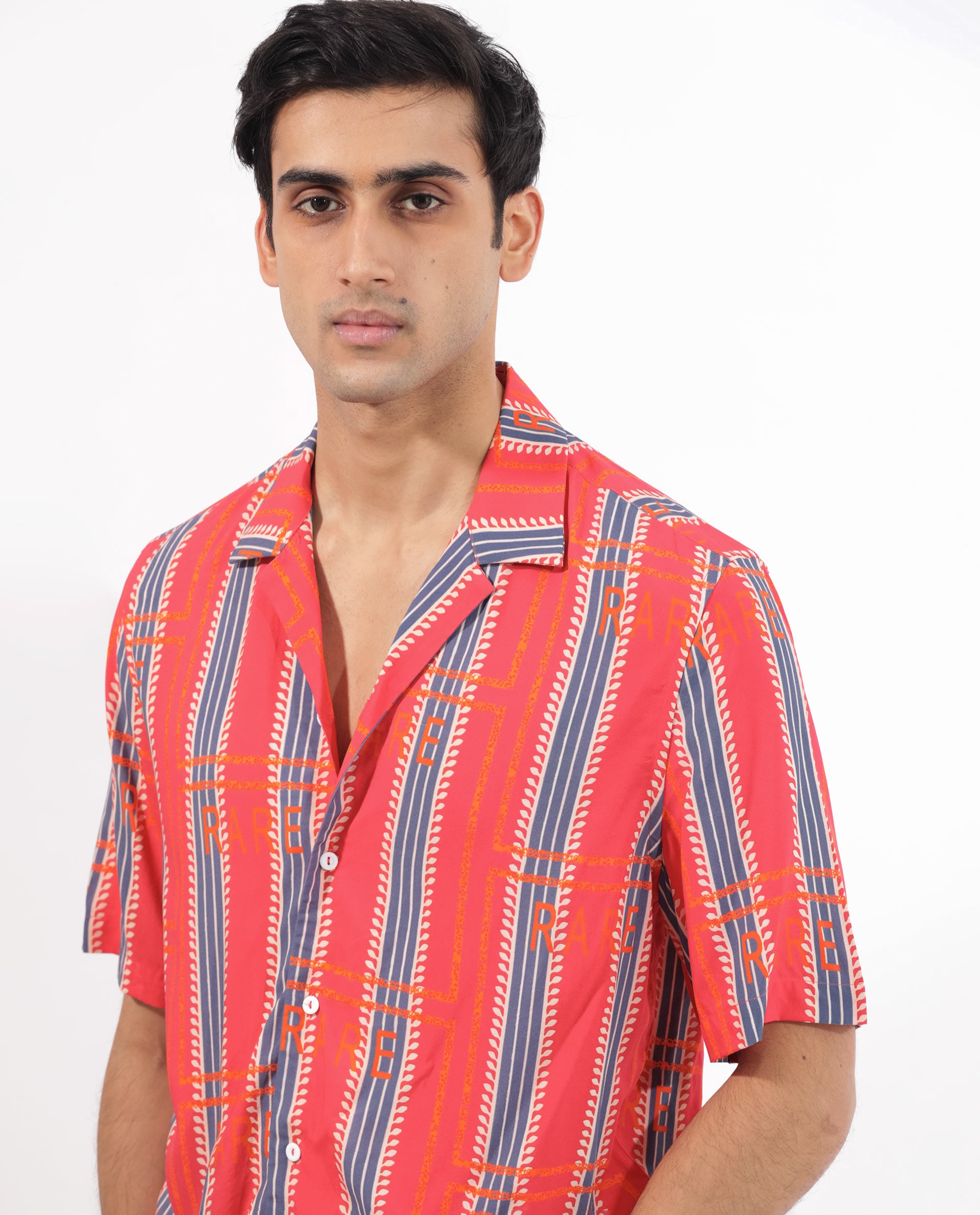 Rare Rabbit Mens Quena Red Viscose Fabric Cuban Collar Half Sleeves Boxy Fit Geometric Stripe Print Shirt