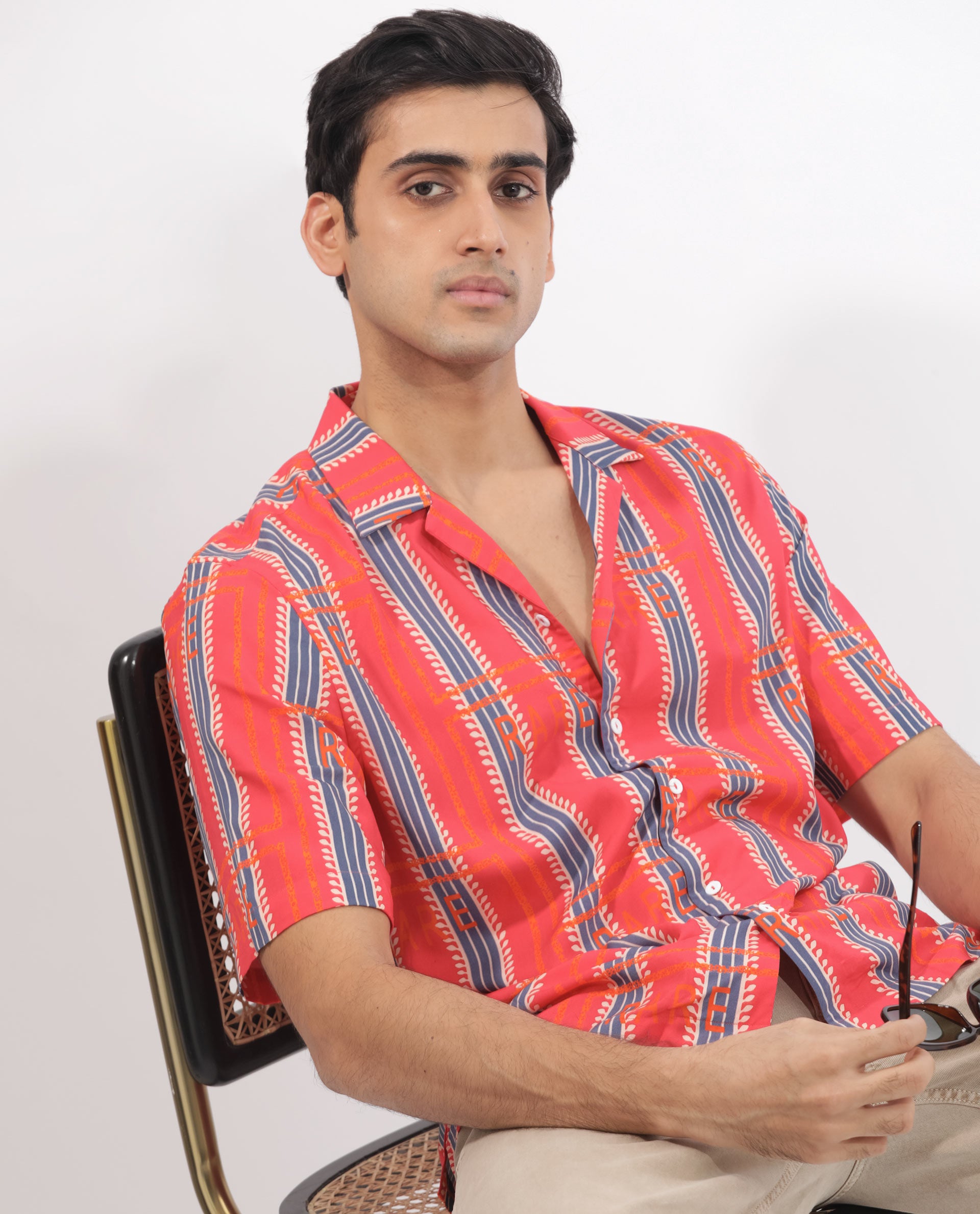 Rare Rabbit Mens Quena Red Viscose Fabric Cuban Collar Half Sleeves Boxy Fit Geometric Stripe Print Shirt