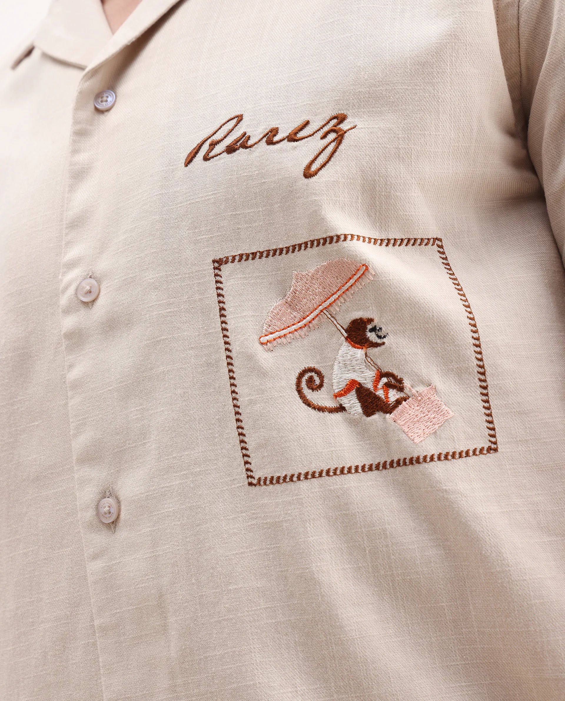 Rare Rabbit Men's Quentin Beige Embroidered Relaxed Fit Half Sleeve Cuban Collar Shirt