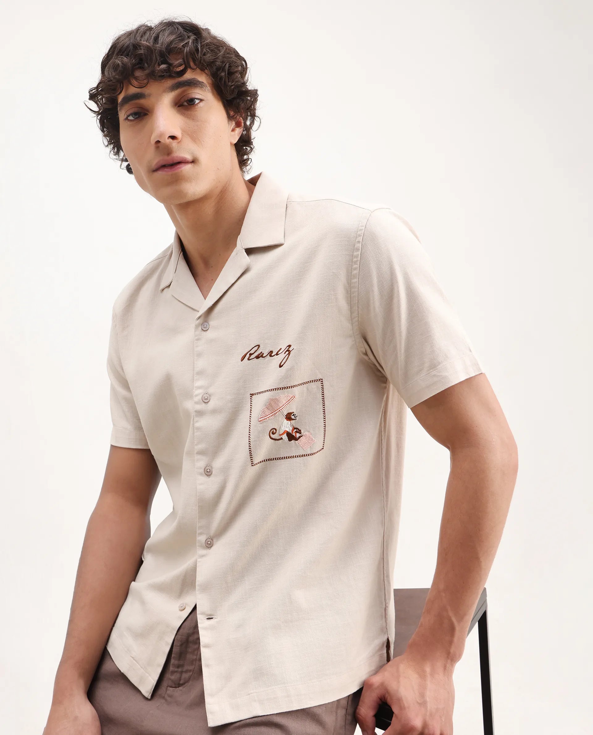 Rare Rabbit Men's Quentin Beige Embroidered Relaxed Fit Half Sleeve Cuban Collar Shirt