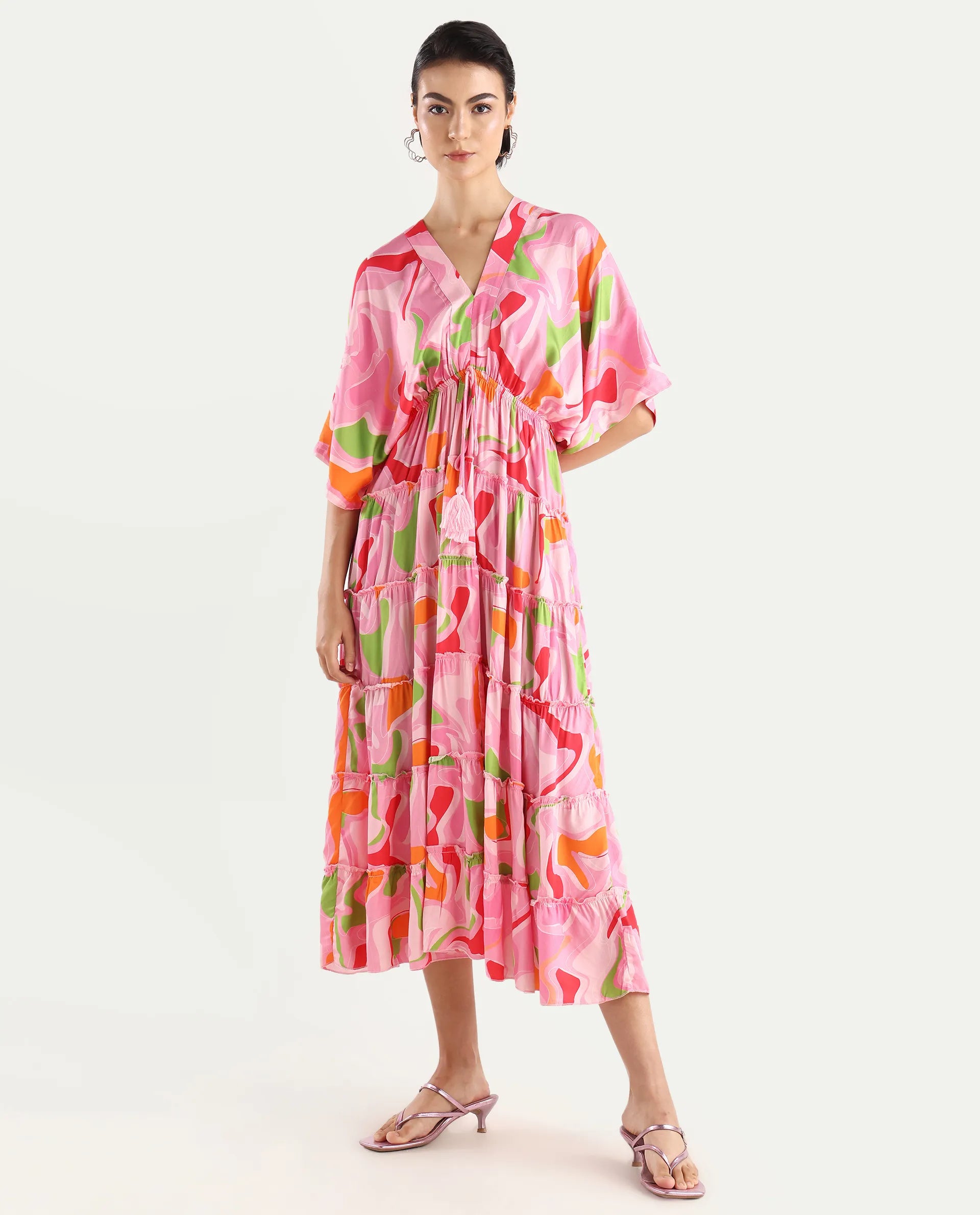 Rareism Women's Quil Pastel Multi Cotton Blend V-Neck Abstract Print Extended Sleeves Midi Fit And Flare Dress