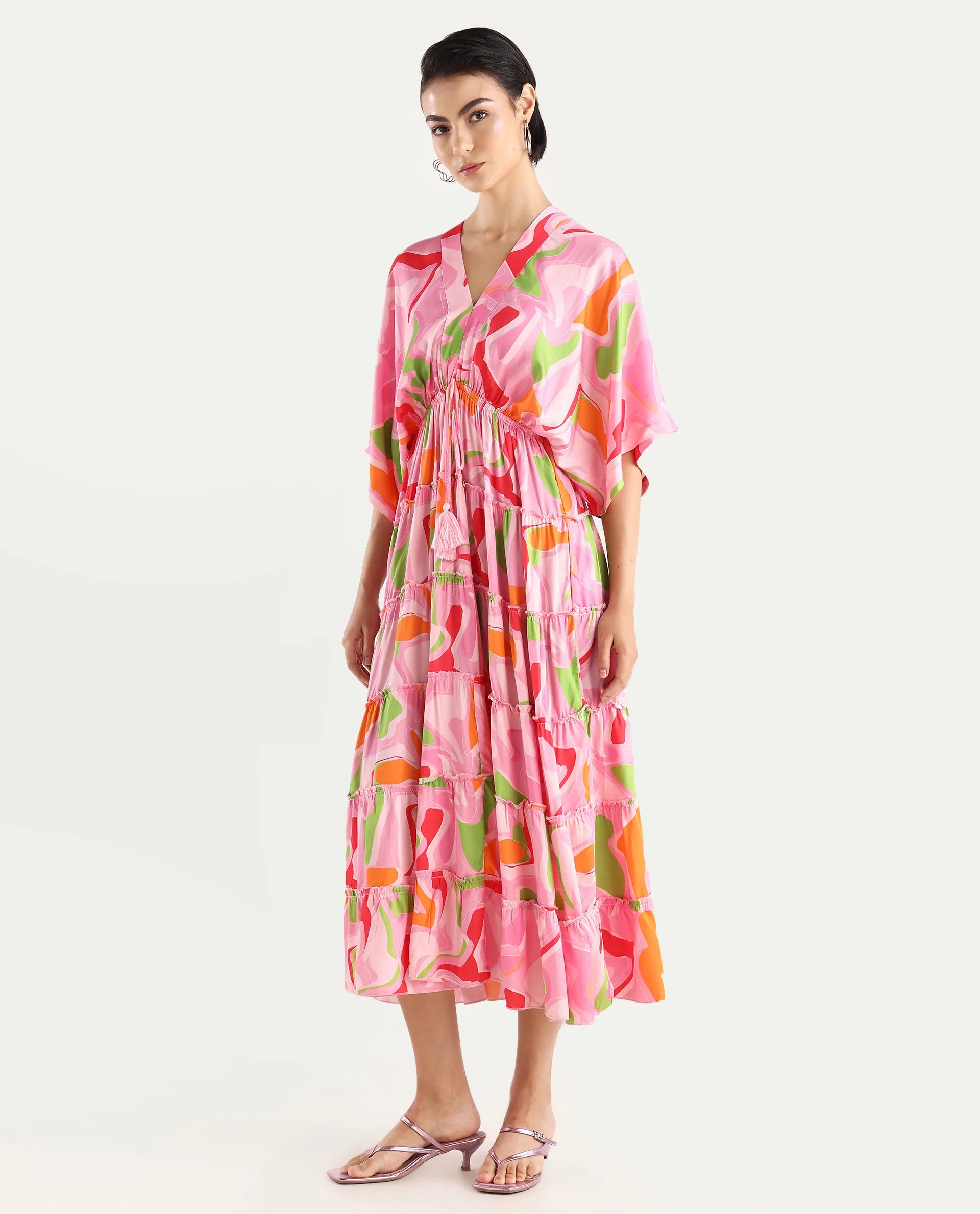 Rareism Women's Quil Pastel Multi Cotton Blend V-Neck Abstract Print Extended Sleeves Midi Fit And Flare Dress