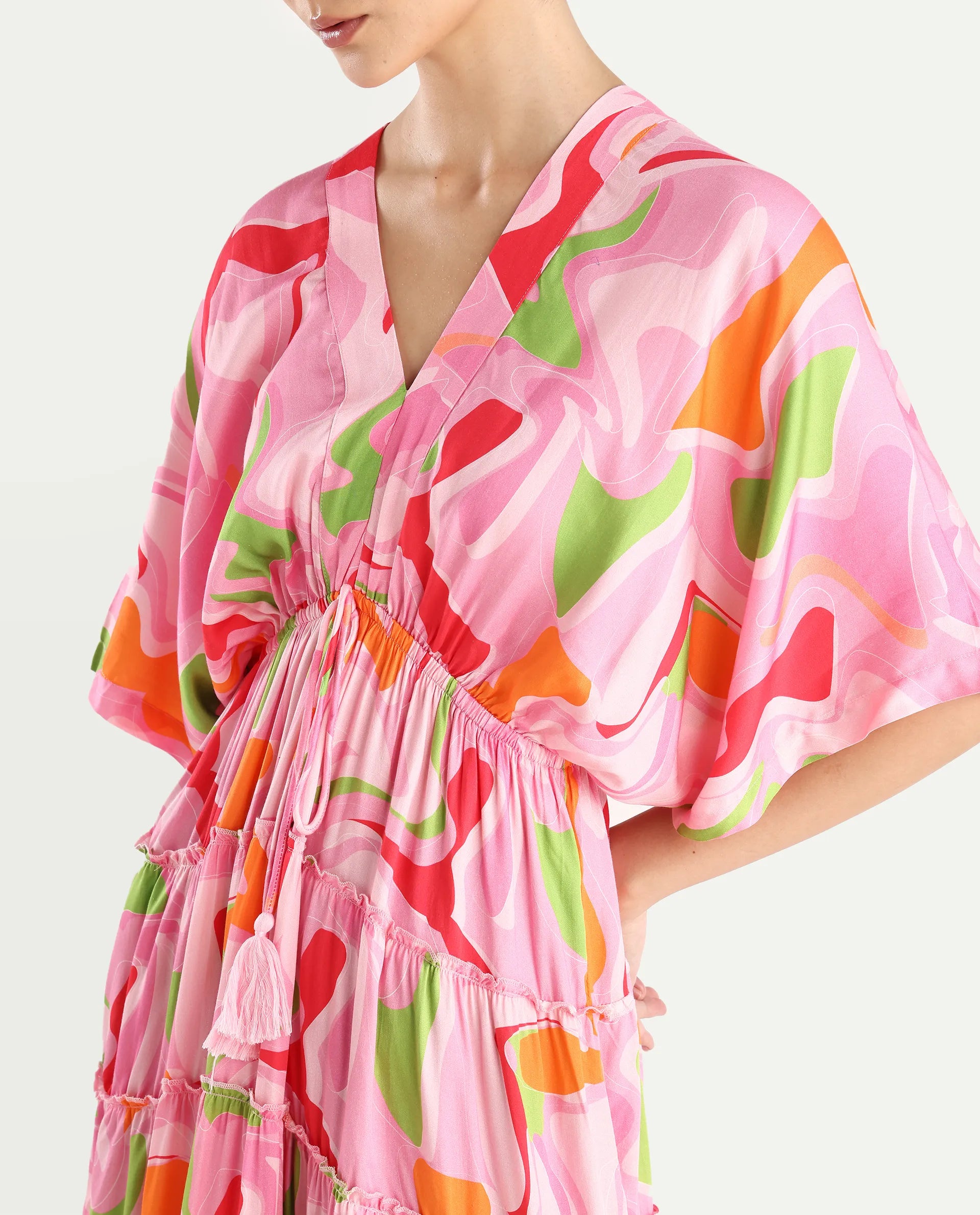 Rareism Women's Quil Pastel Multi Cotton Blend V-Neck Abstract Print Extended Sleeves Midi Fit And Flare Dress