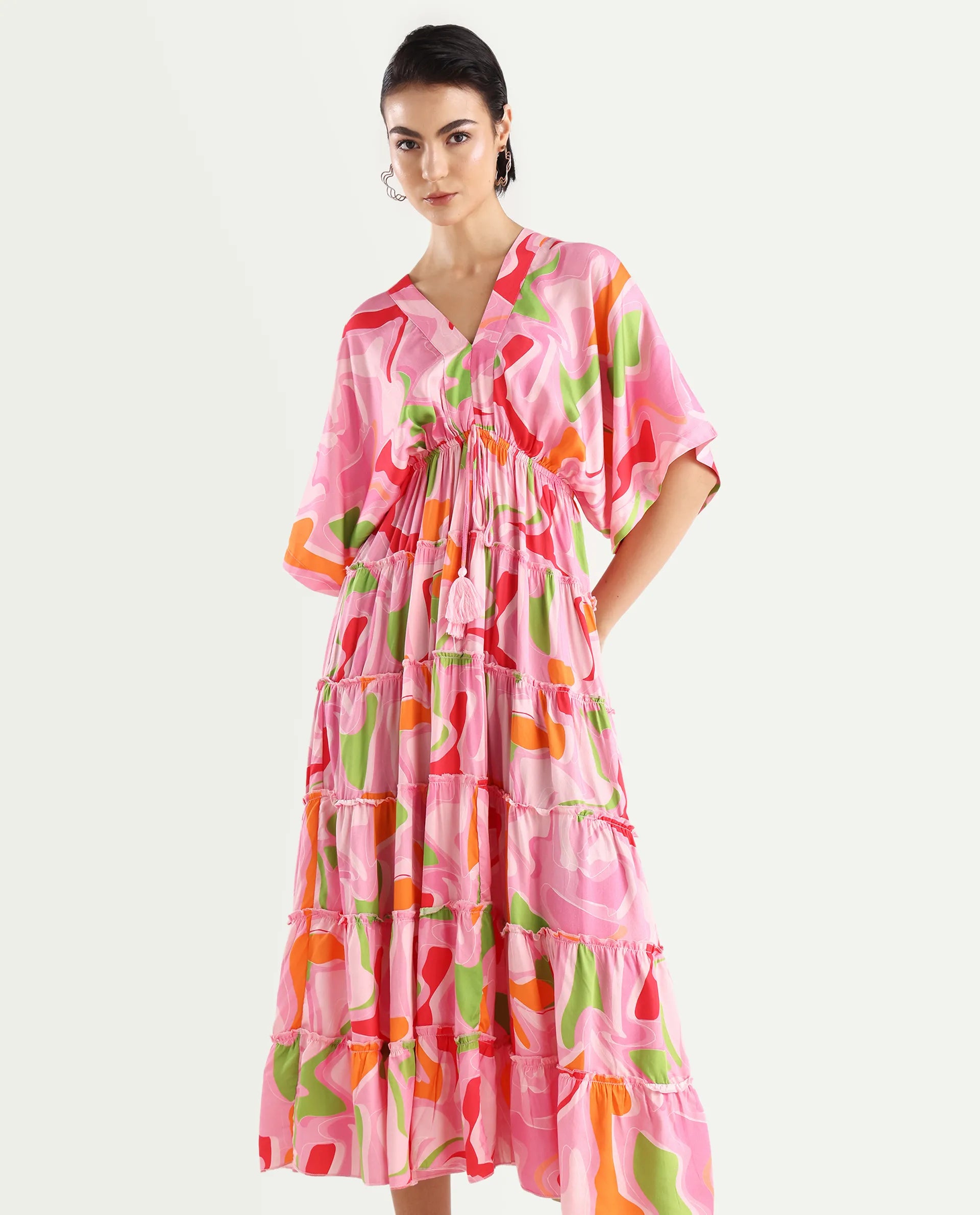 Rareism Women's Quil Pastel Multi Cotton Blend V-Neck Abstract Print Extended Sleeves Midi Fit And Flare Dress