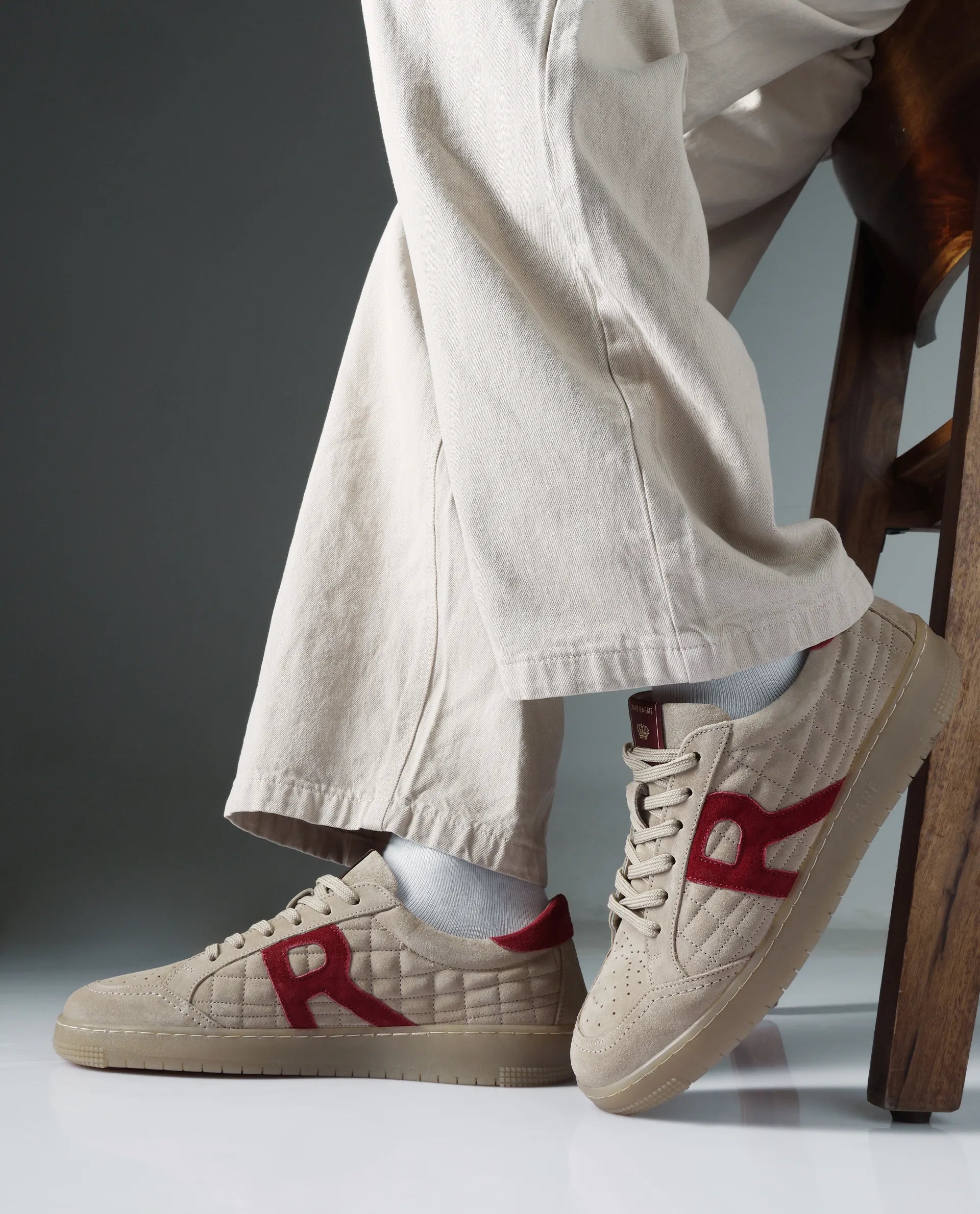 Rare Rabbit Men Quilt Beige Premium Suede Fabric Low-Top Lace Up Quilted Sneaker Shoes