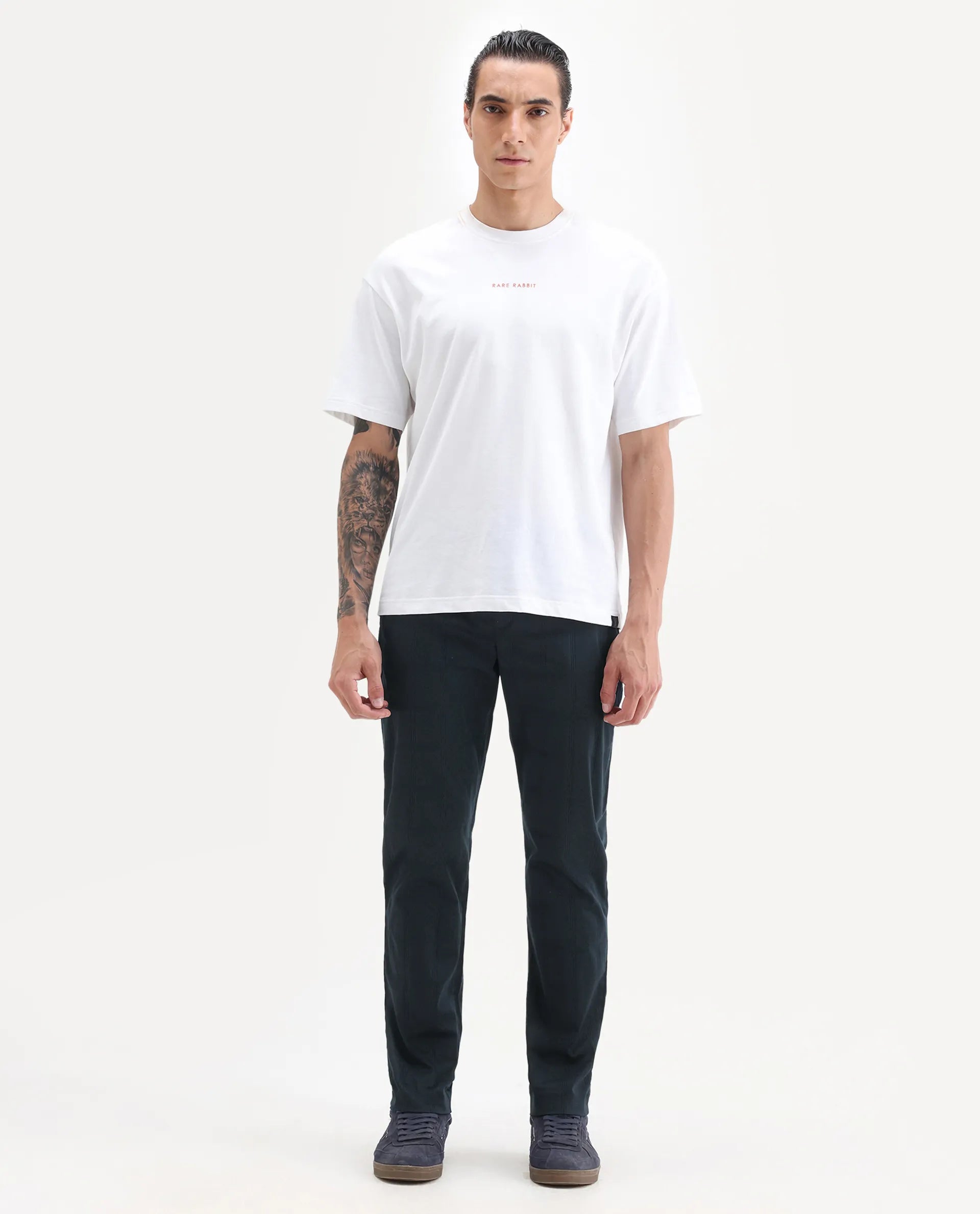 Rare Rabbit Men's Quince Dark Navy Cotton Checked Print Regular Fit Trouser