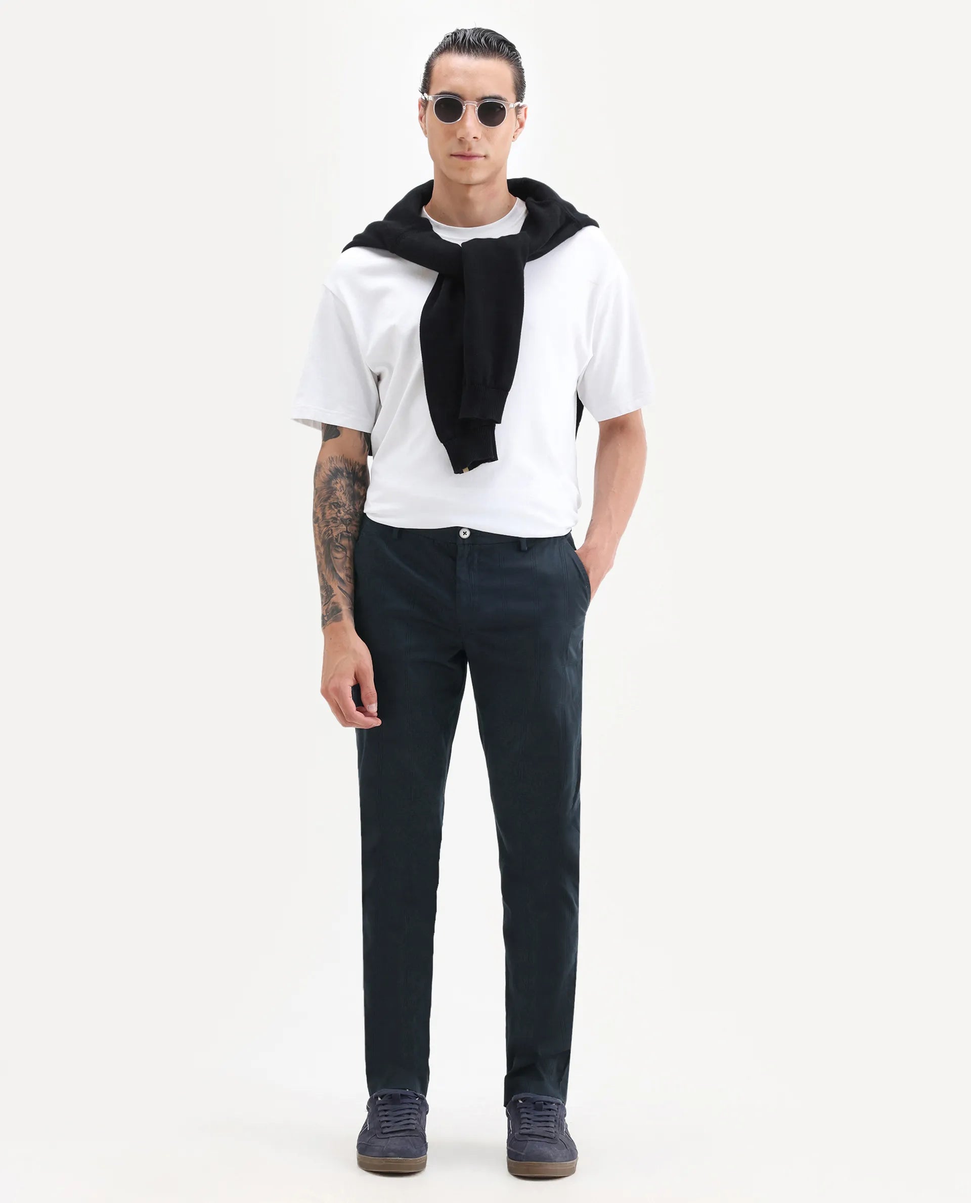 Rare Rabbit Men's Quince Dark Navy Cotton Checked Print Regular Fit Trouser