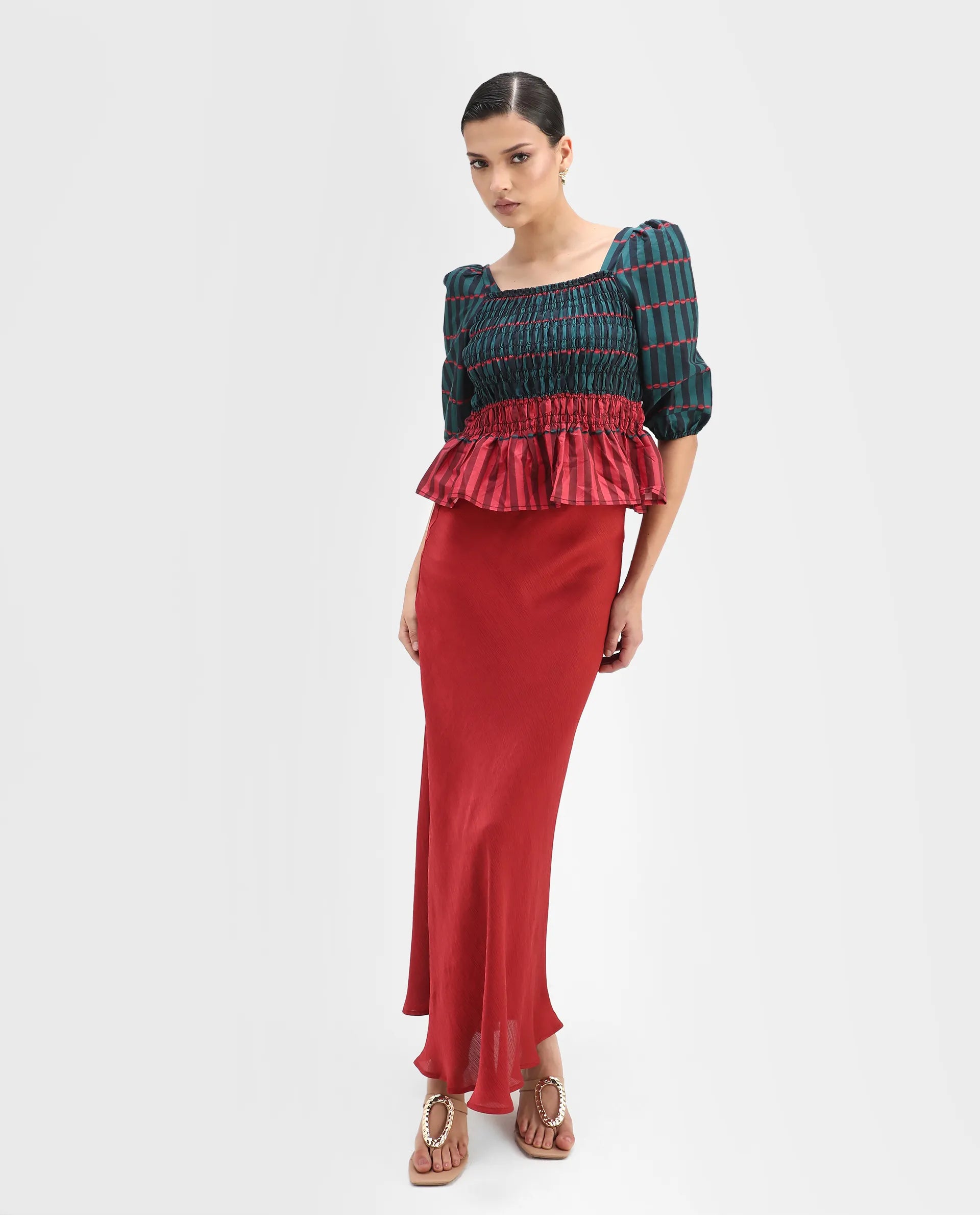 Rareism Women's Quince Green Cotton Square Neck Geometric Print Puff Sleeves Regular Fit Top