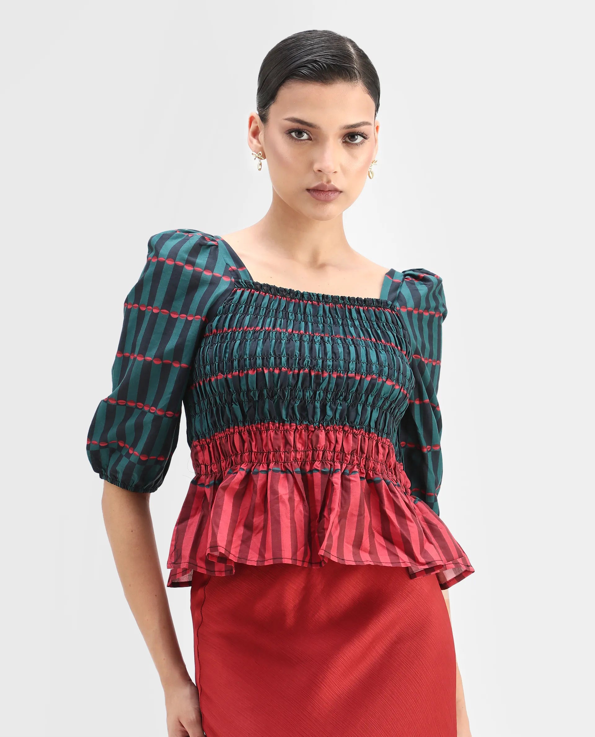 Rareism Women's Quince Green Cotton Square Neck Geometric Print Puff Sleeves Regular Fit Top