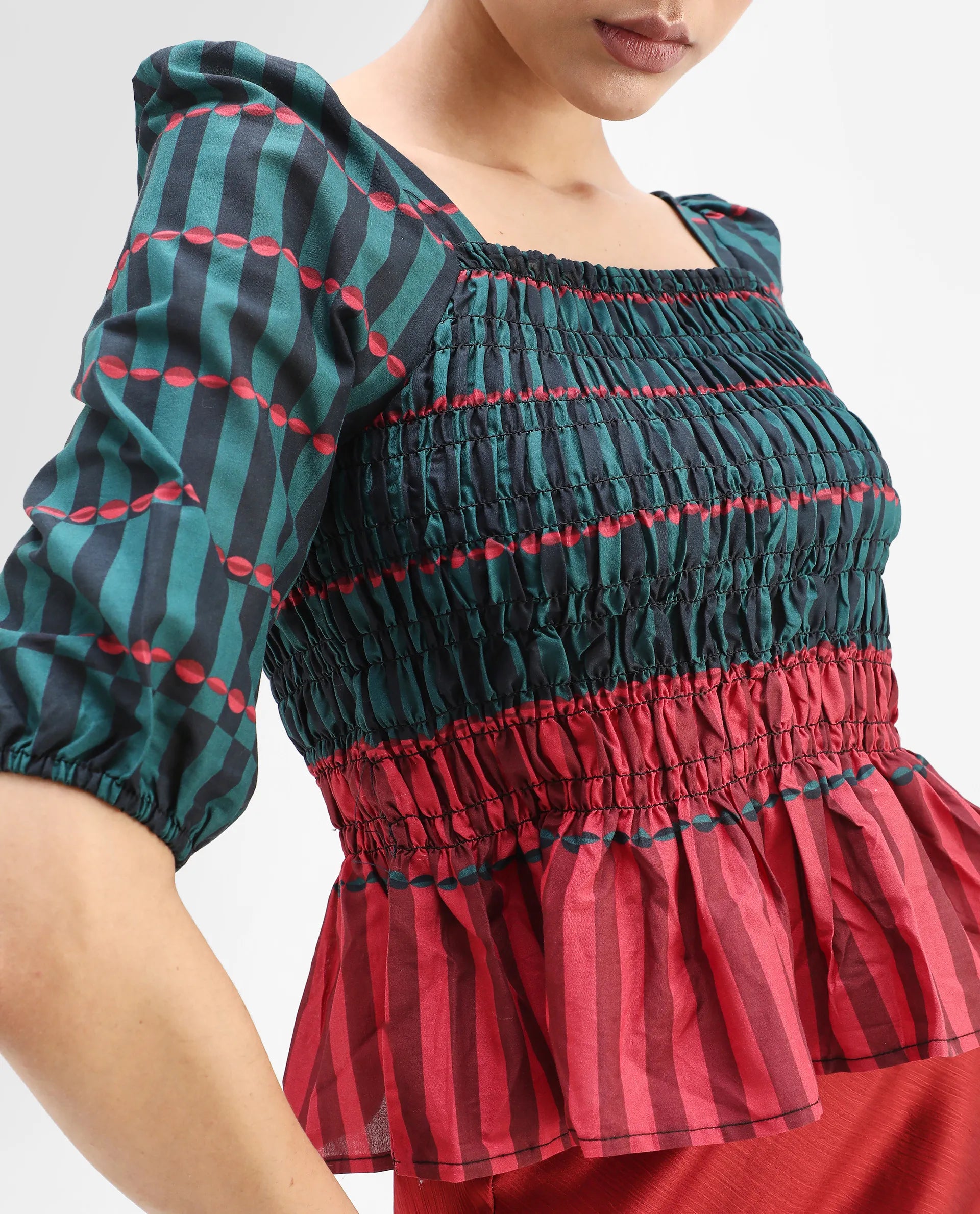 Rareism Women's Quince Green Cotton Square Neck Geometric Print Puff Sleeves Regular Fit Top