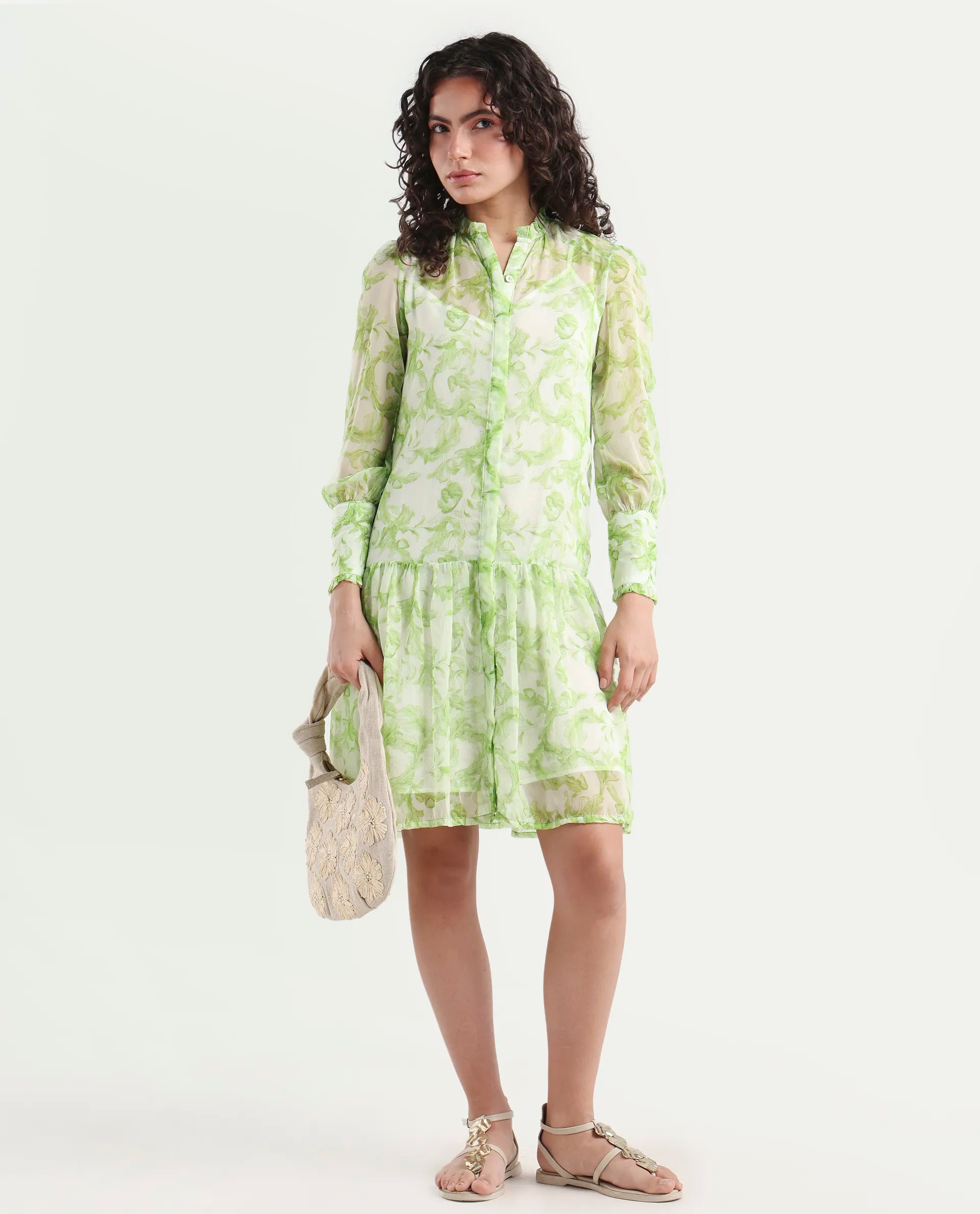 Rareism Women's Quin Green Polyester Ruffled Neck Floral Print Ruffled Sleeve Knee Length Regular Fit Dress