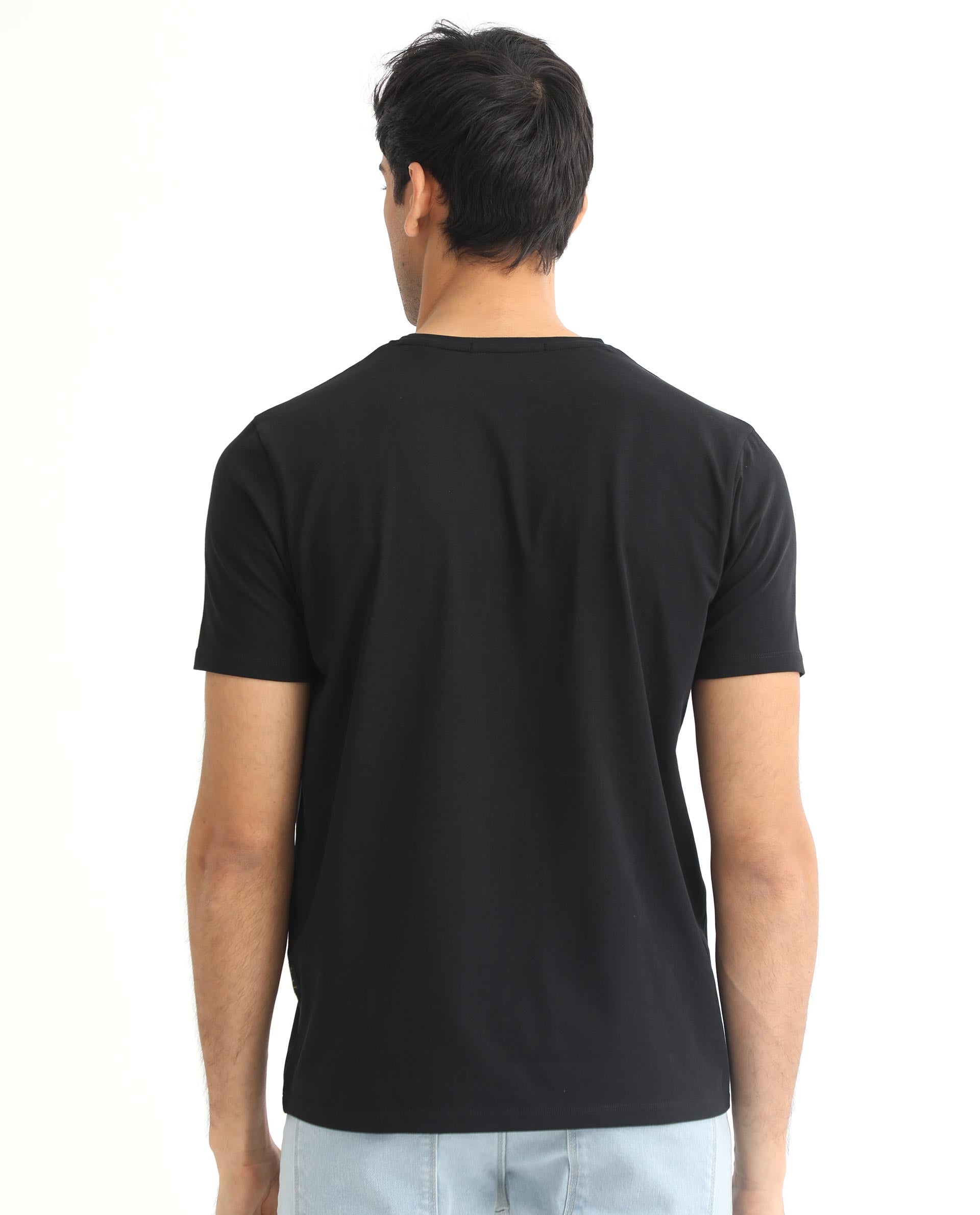 Rare Rabbit Men's Quet Black Crew Neck With Botanical Chest Graphic Half Sleeves Slim Fit T-Shirt