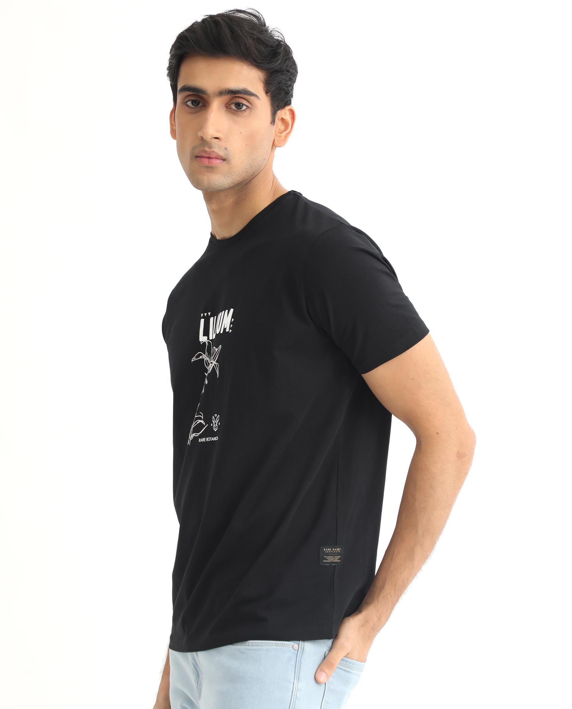 Rare Rabbit Men's Quet Black Crew Neck With Botanical Chest Graphic Half Sleeves Slim Fit T-Shirt