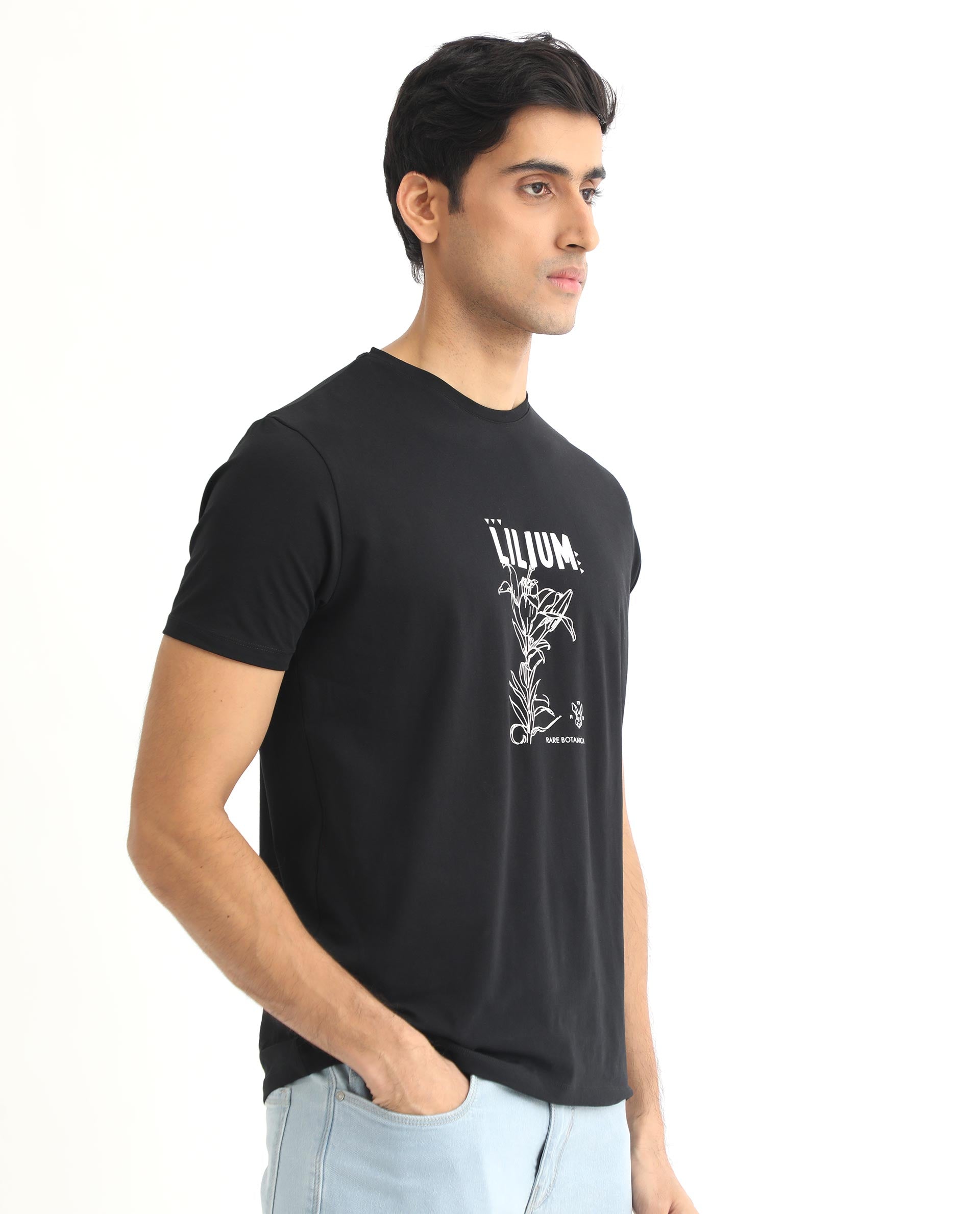 Rare Rabbit Men's Quet Black Crew Neck With Botanical Chest Graphic Half Sleeves Slim Fit T-Shirt