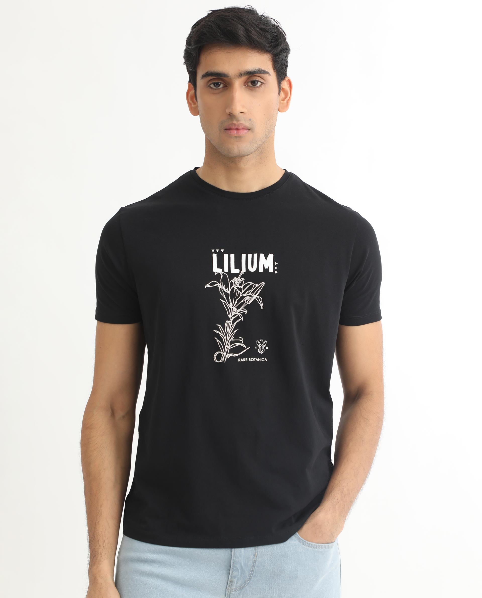 Rare Rabbit Men's Quet Black Crew Neck With Botanical Chest Graphic Half Sleeves Slim Fit T-Shirt