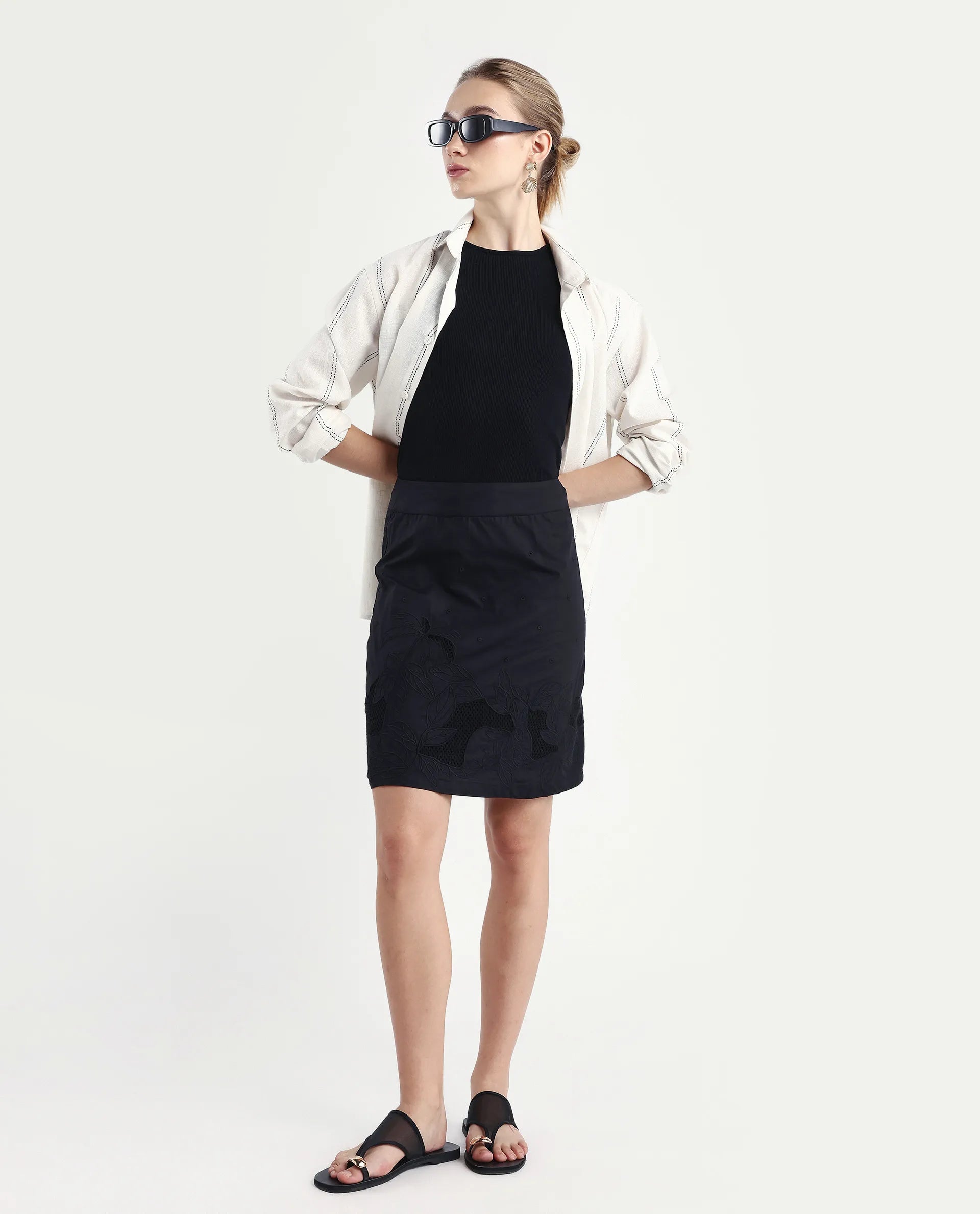 Rareism Women's Quitti B Light Multi Cotton Plain Mini Regular Fit Skirt