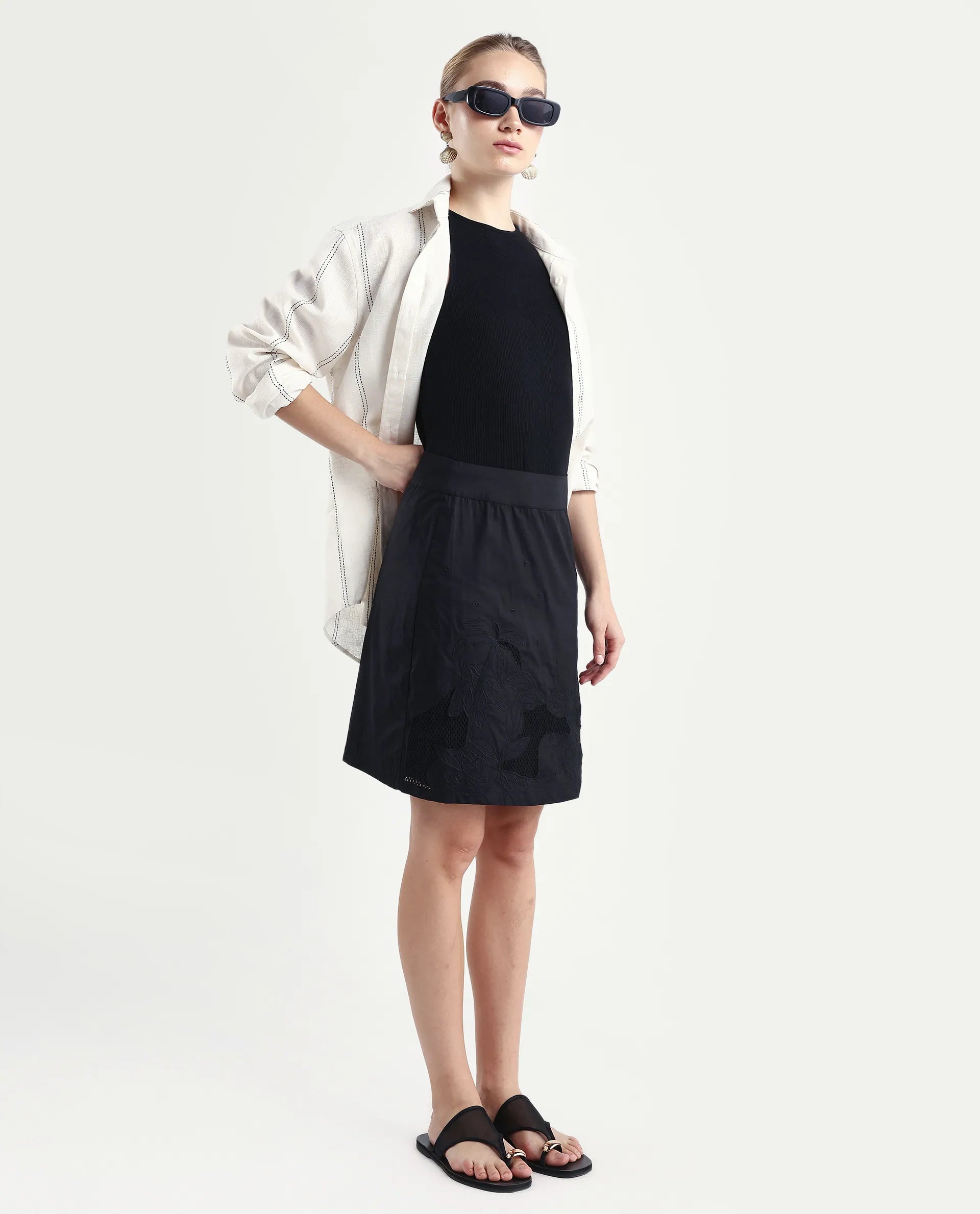 Rareism Women's Quitti B Light Multi Cotton Plain Mini Regular Fit Skirt