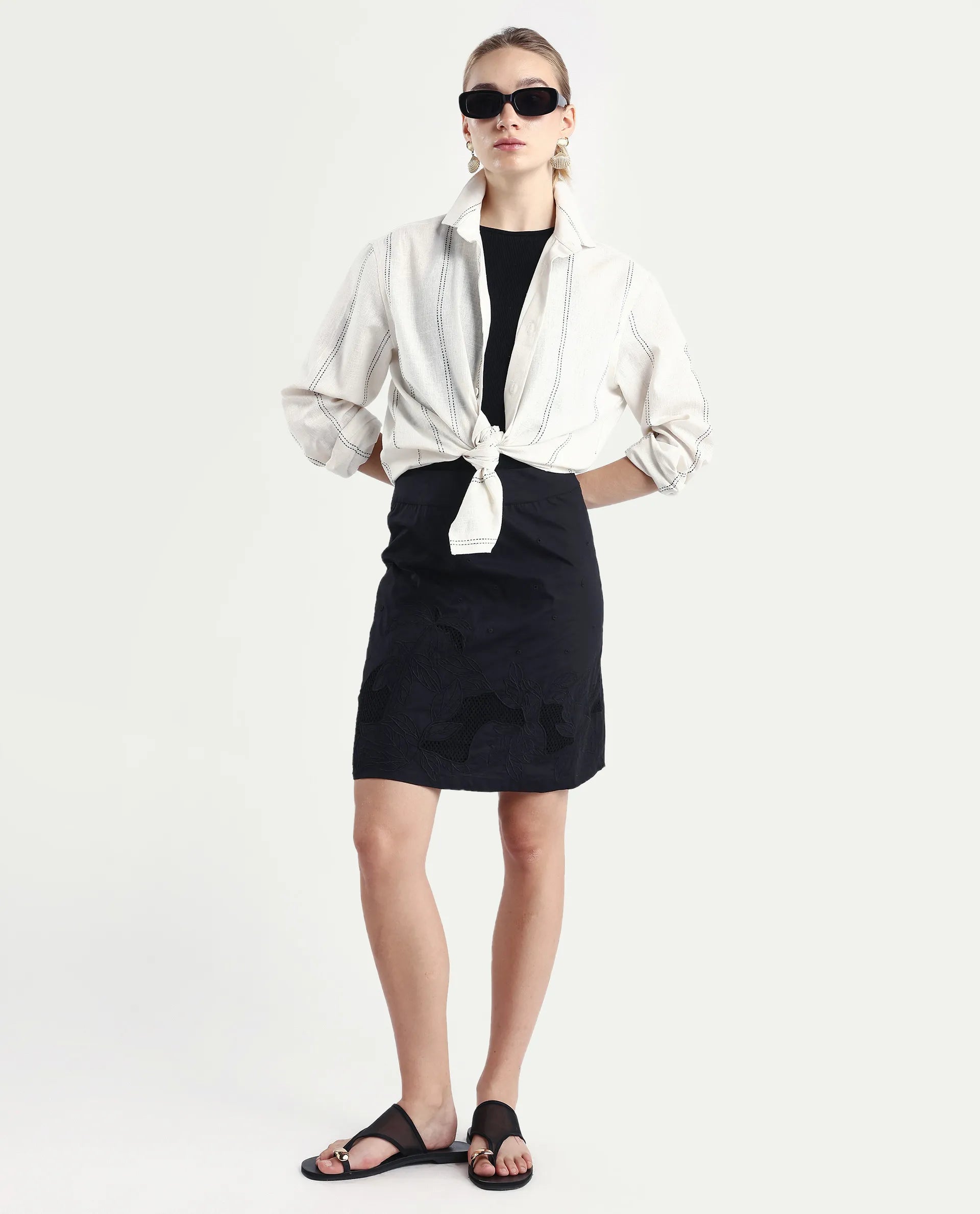 Rareism Women's Quitti B Light Multi Cotton Plain Mini Regular Fit Skirt