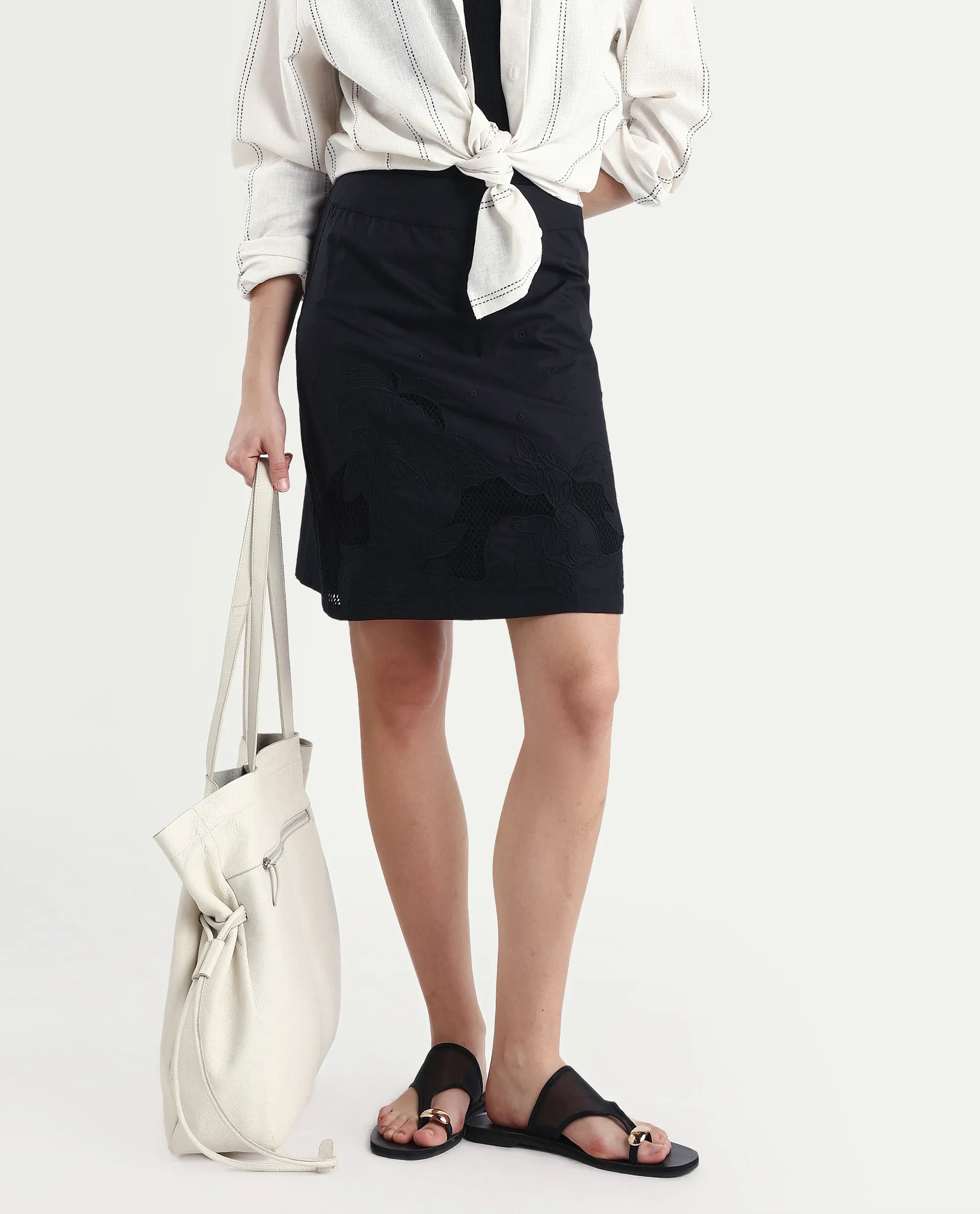 Rareism Women's Quitti B Light Multi Cotton Plain Mini Regular Fit Skirt