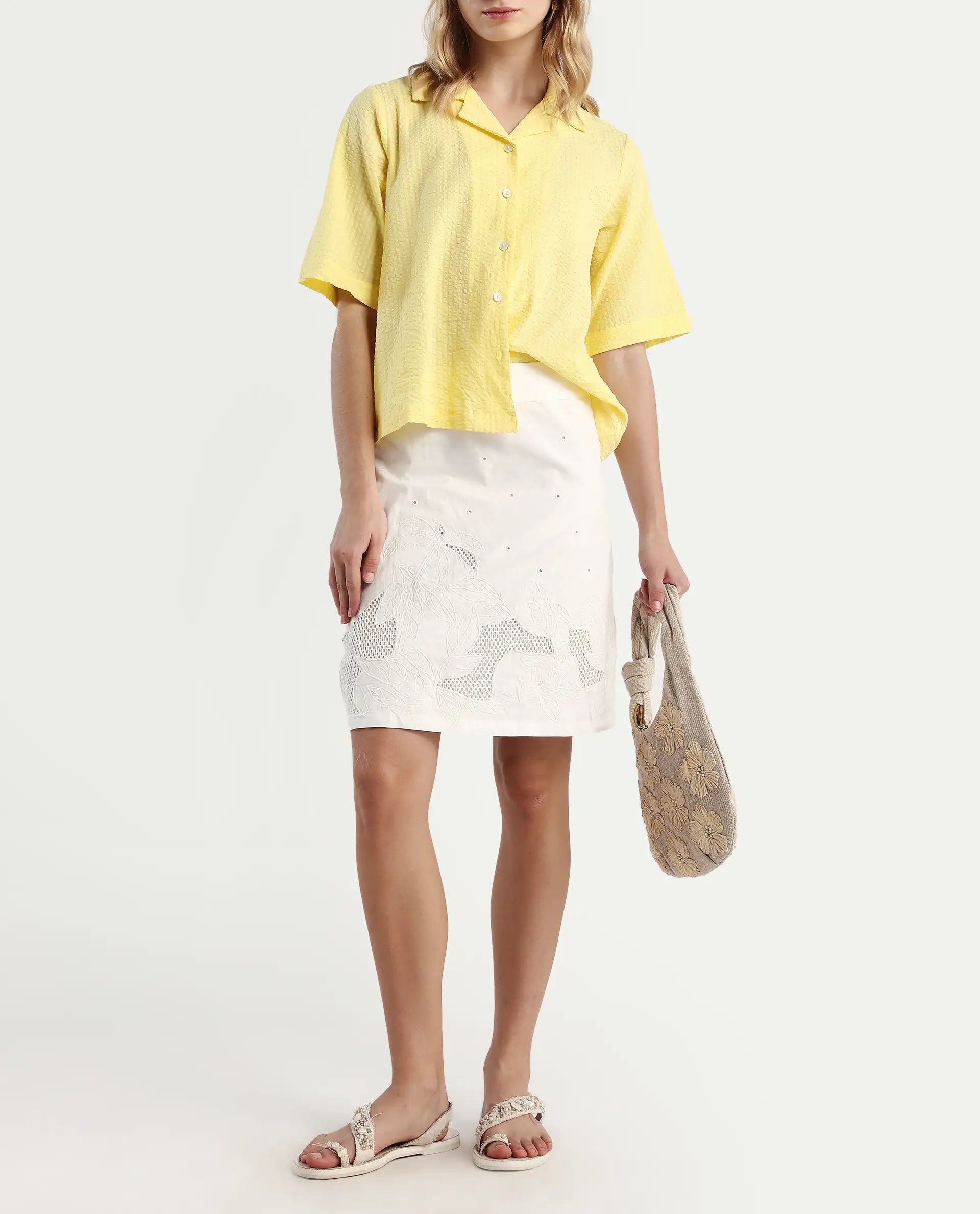 Rareism Women's Quitti B Light Multi Cotton Plain Mini Regular Fit Skirt