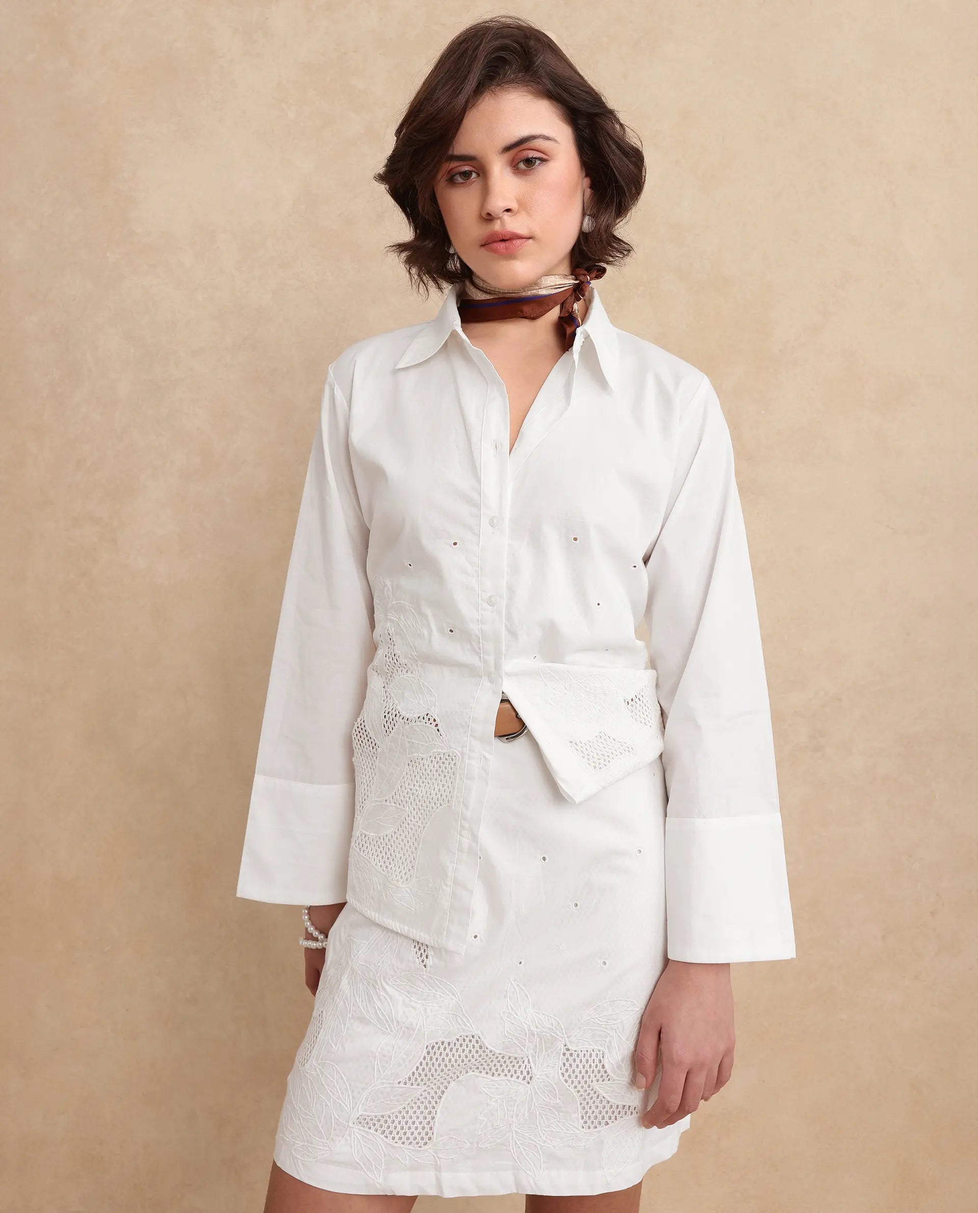 Rareism Women Quitti Light White Bell Sleeves Collared Neck Button Closure Plain Top