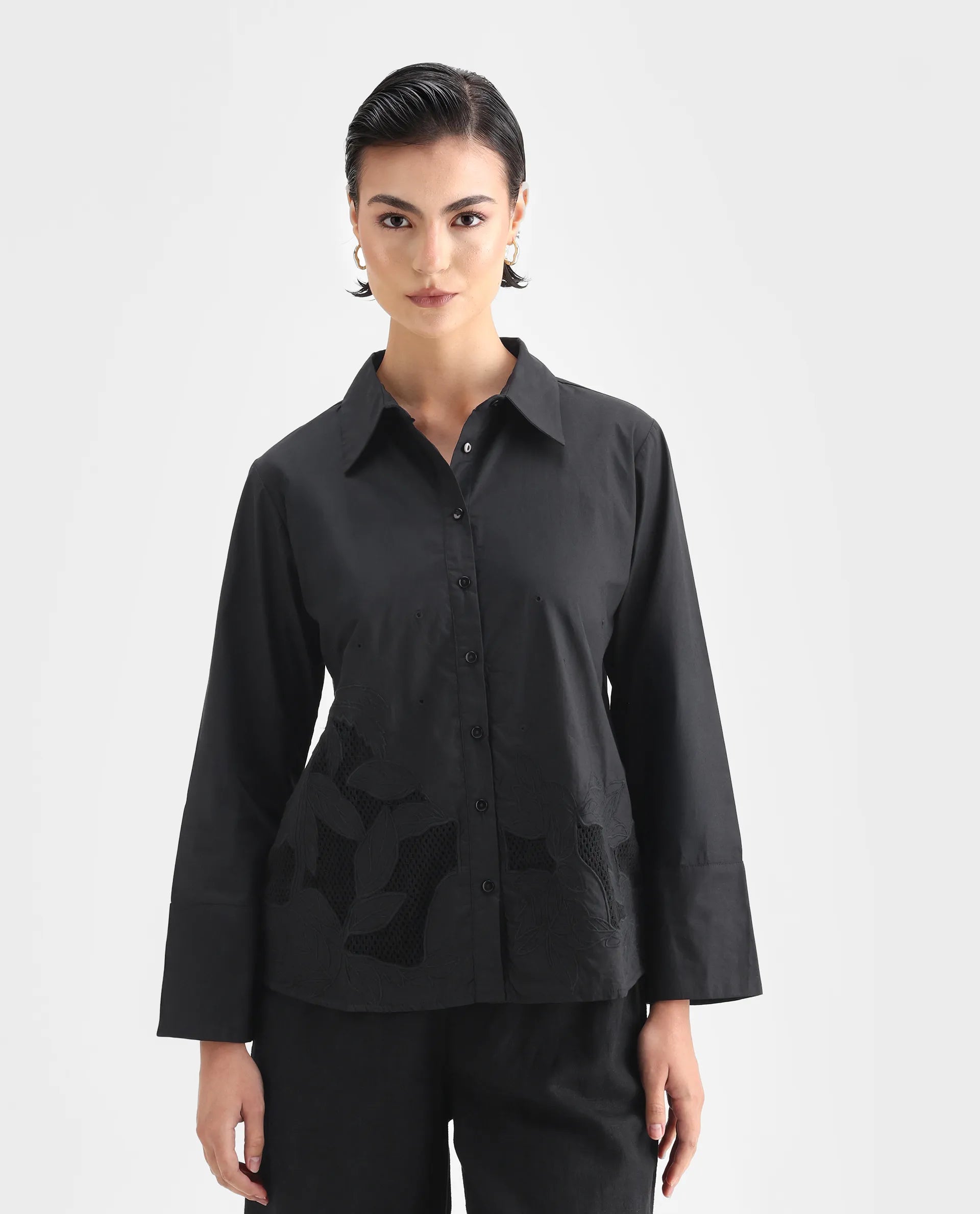 Rareism Women's Quitti Light Black Cotton Spread Collar Plain Bell Sleeve Regular Fit Top