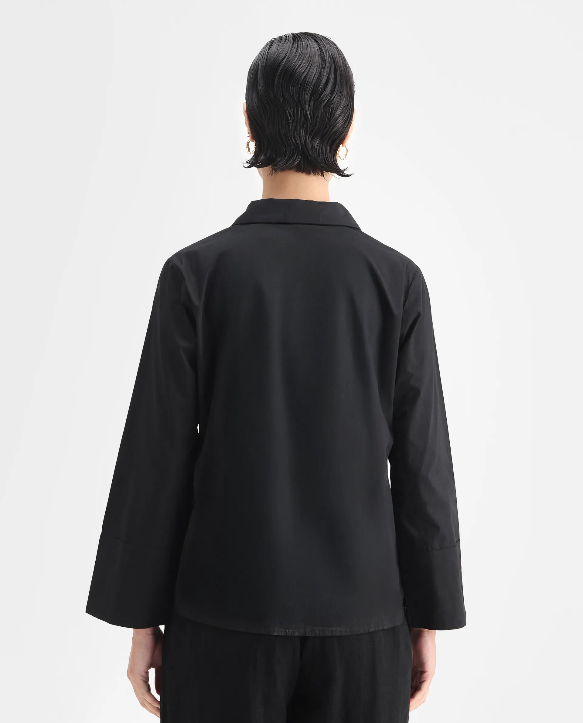 Rareism Women's Quitti Light Black Cotton Spread Collar Plain Bell Sleeve Regular Fit Top