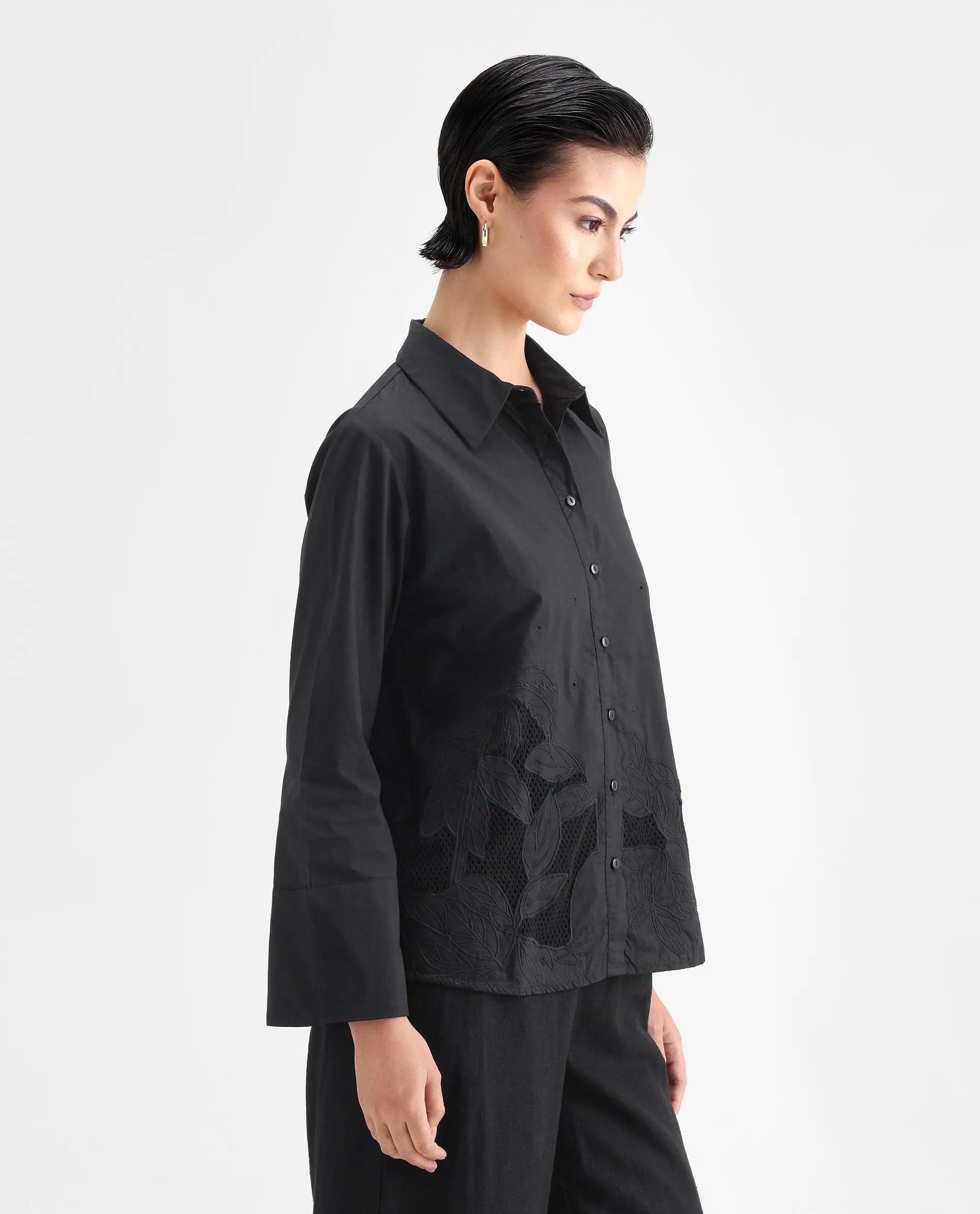 Rareism Women's Quitti Light Black Cotton Spread Collar Plain Bell Sleeve Regular Fit Top