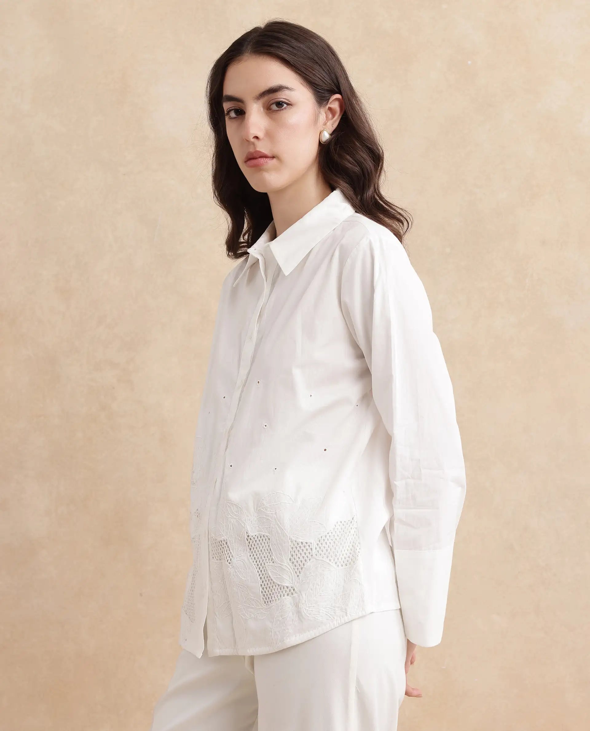 Rareism Women Quitti Light White Bell Sleeves Collared Neck Button Closure Plain Top