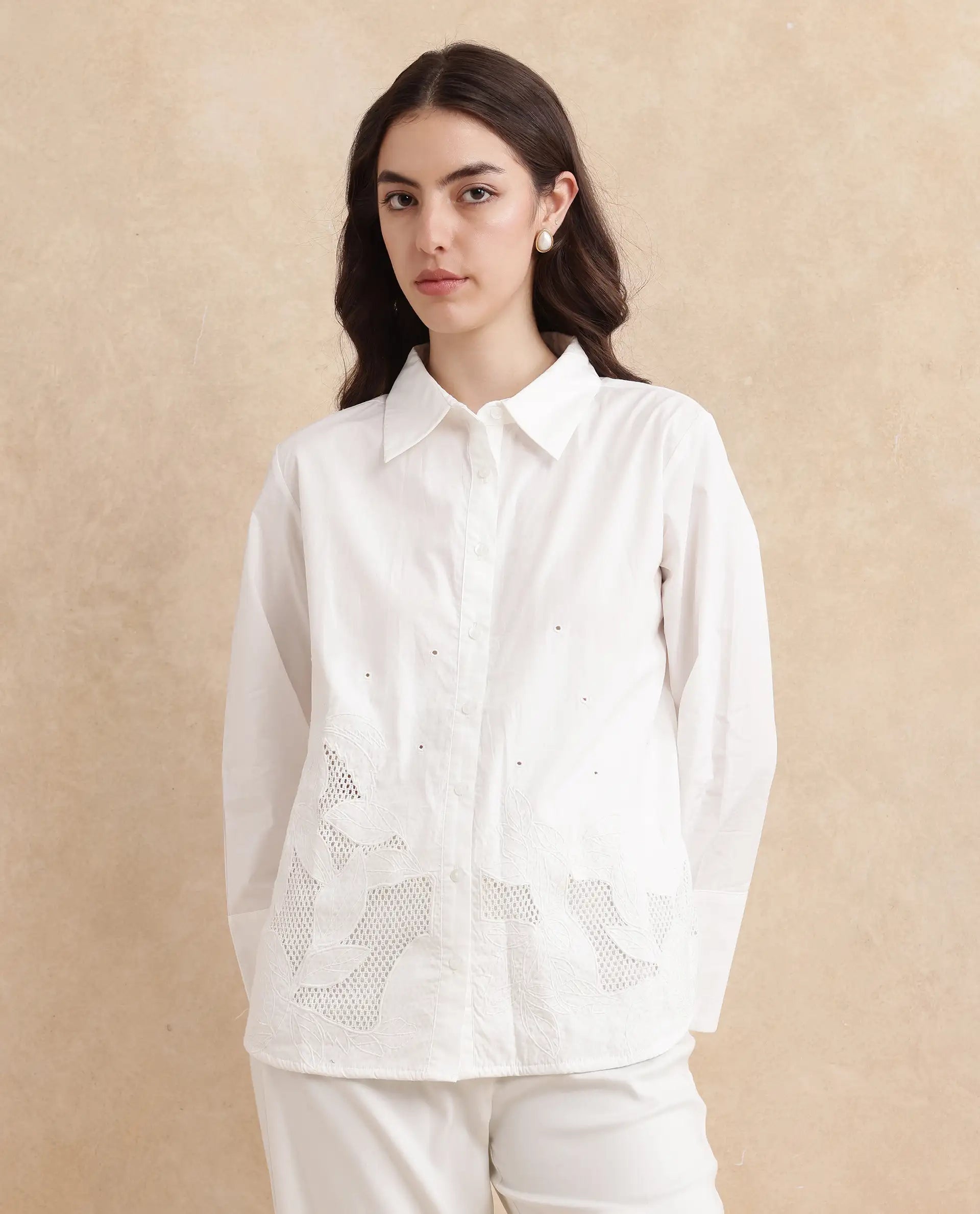 Rareism Women Quitti Light White Bell Sleeves Collared Neck Button Closure Plain Top