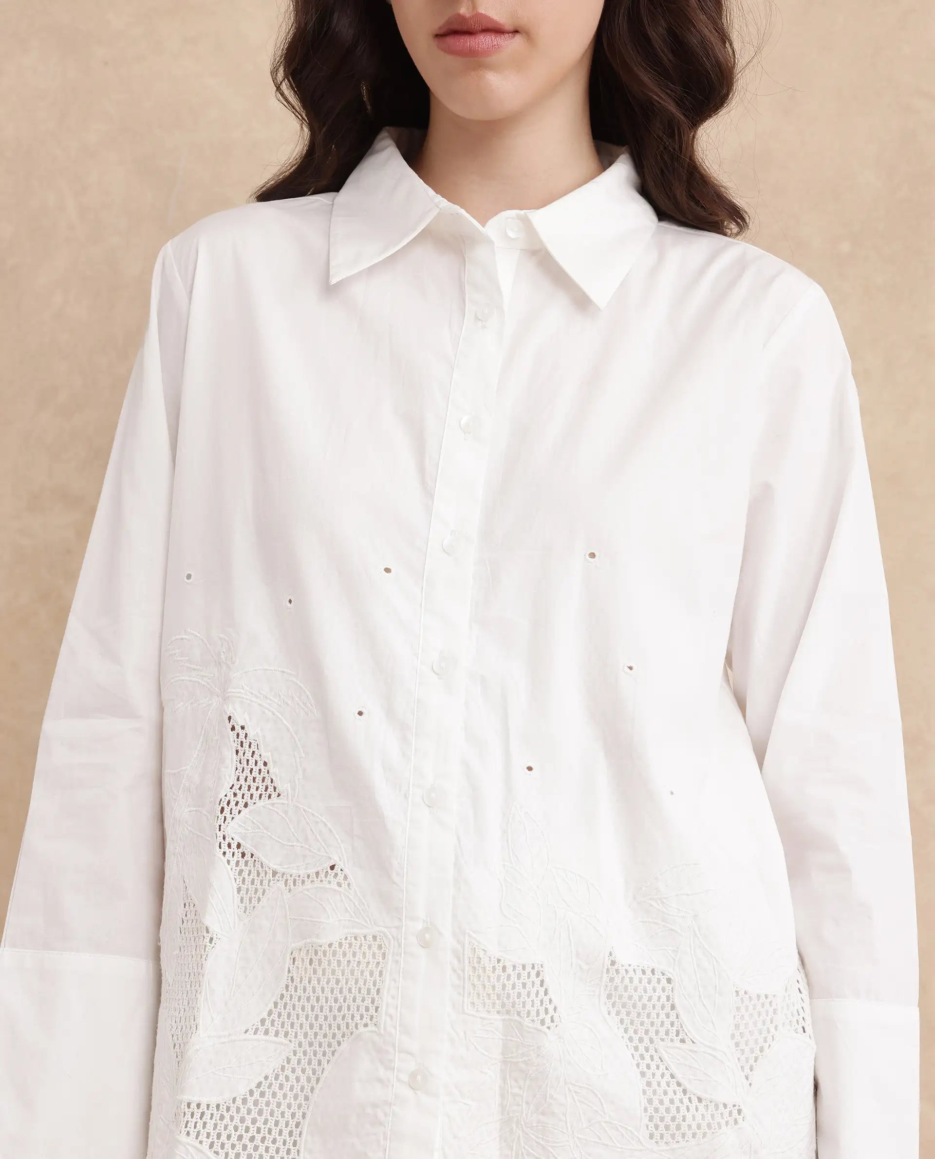 Rareism Women Quitti Light White Bell Sleeves Collared Neck Button Closure Plain Top