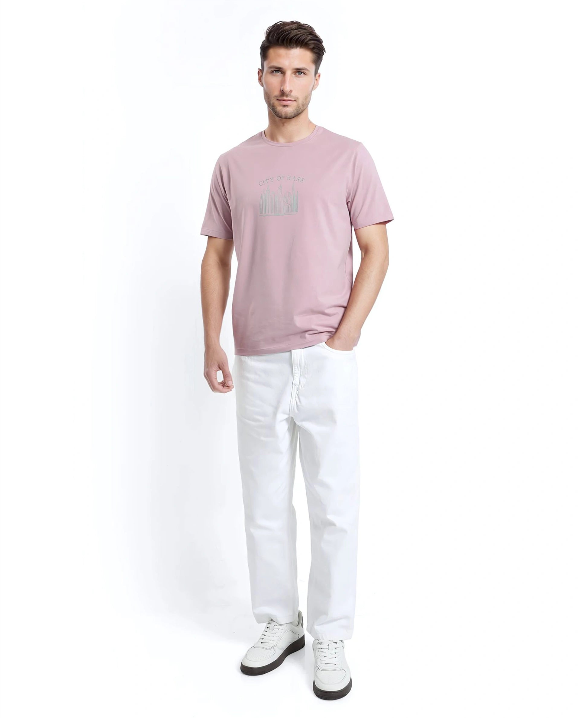 Rare Rabbit Men Quix Pastel Pink Cotton Blend Fabric Short Sleeve Crew Neck Hd Print T-Shirt