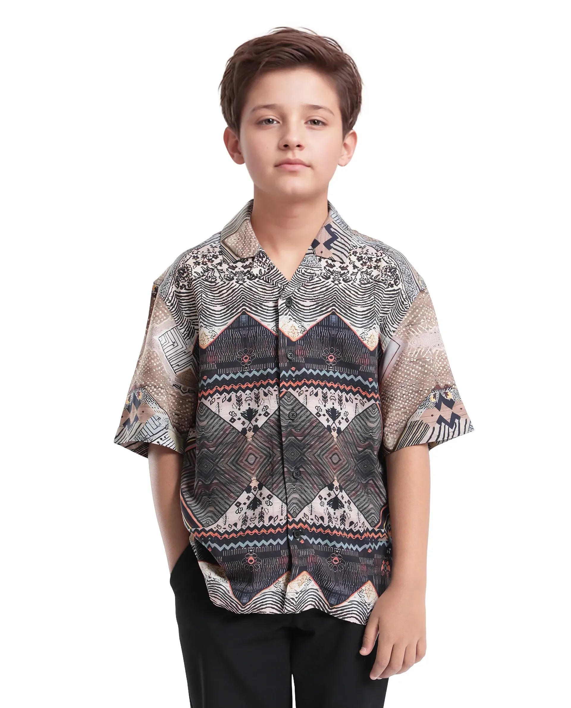 Rare Ones Kids Qun Black Viscose Printed Button Closure Regular Fit Shirt