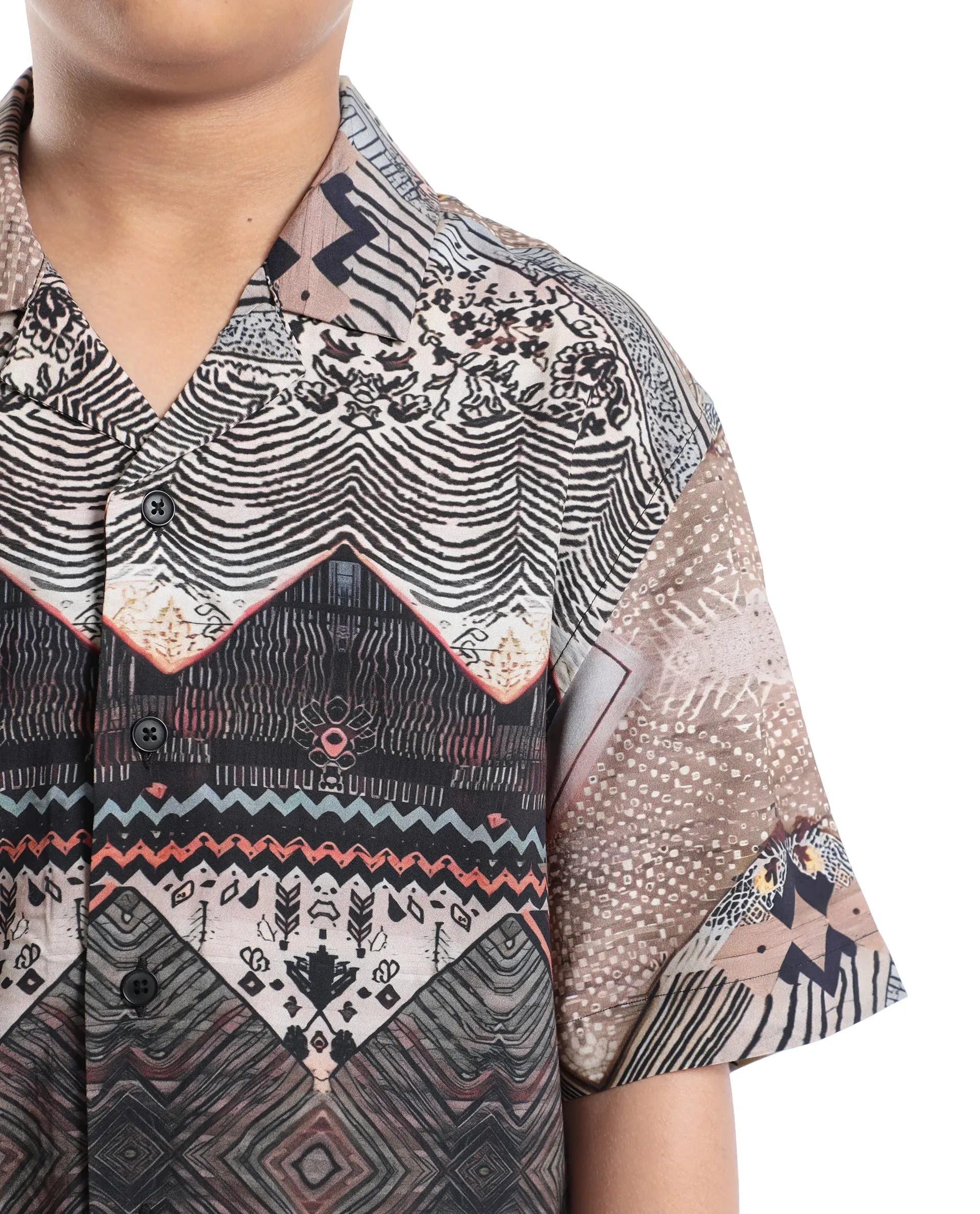 Rare Ones Kids Qun Black Viscose Printed Button Closure Regular Fit Shirt