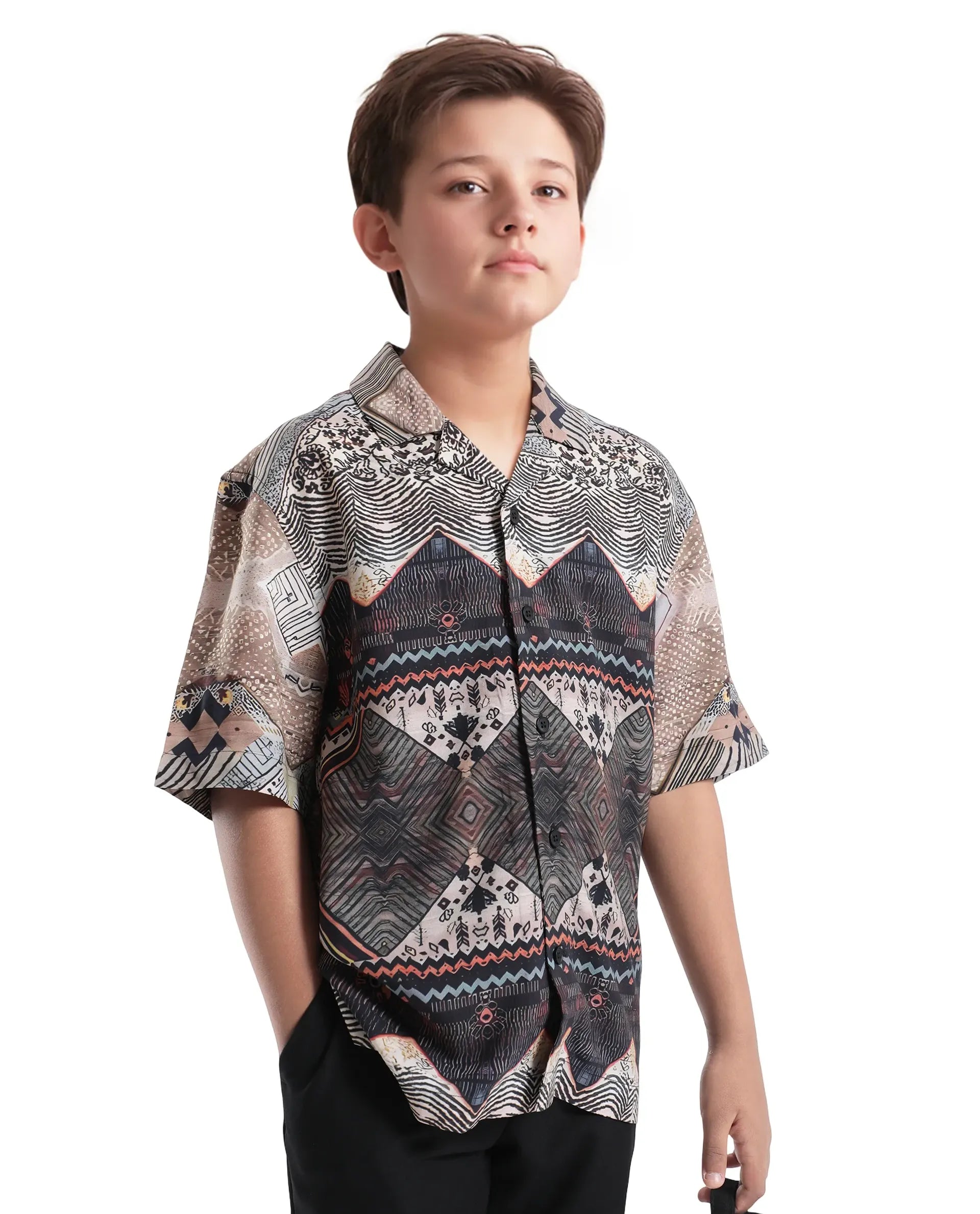 Rare Ones Kids Qun Black Viscose Printed Button Closure Regular Fit Shirt