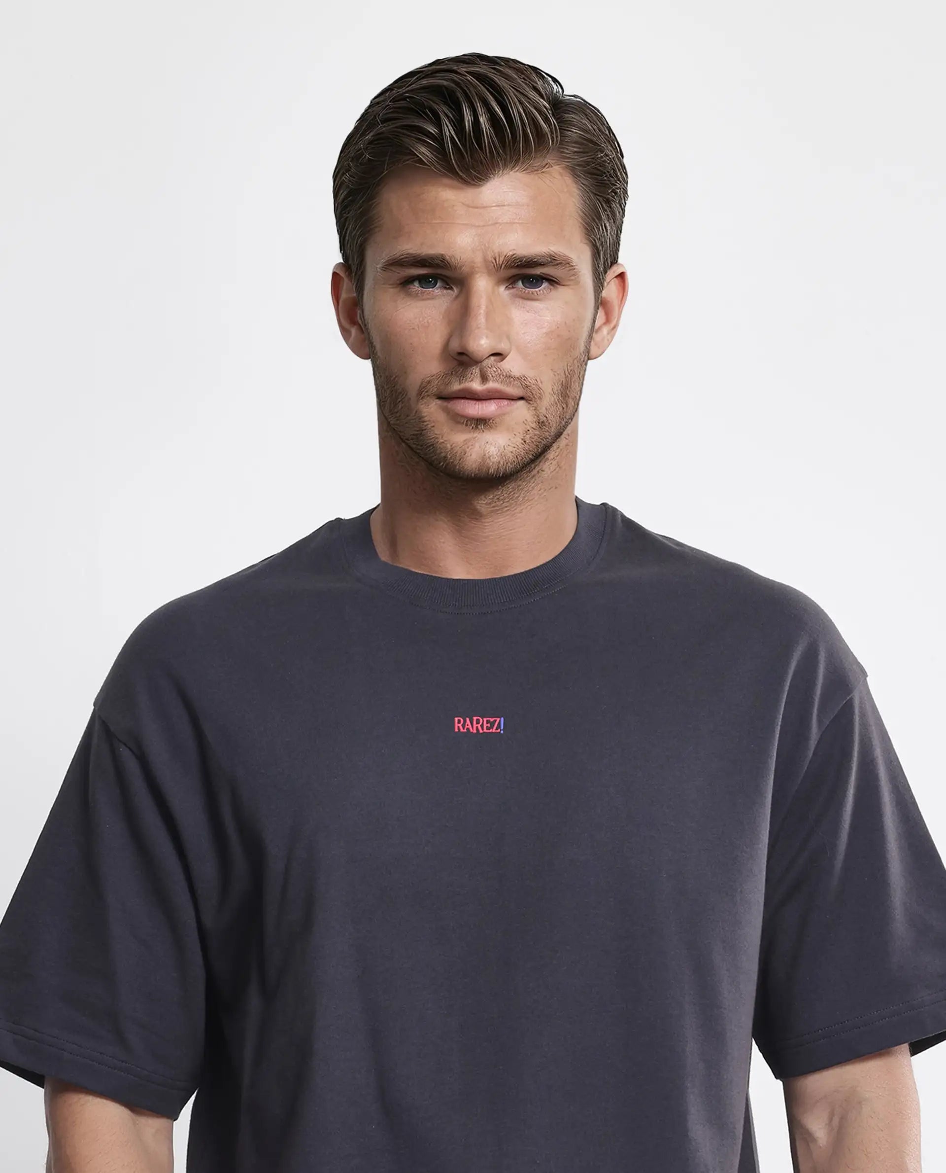 Rare Rabbit Men's Quote Dark Grey Cotton Fabric Half Sleeve Crew Neck Oversized Fit Graphic Print T-Shirt