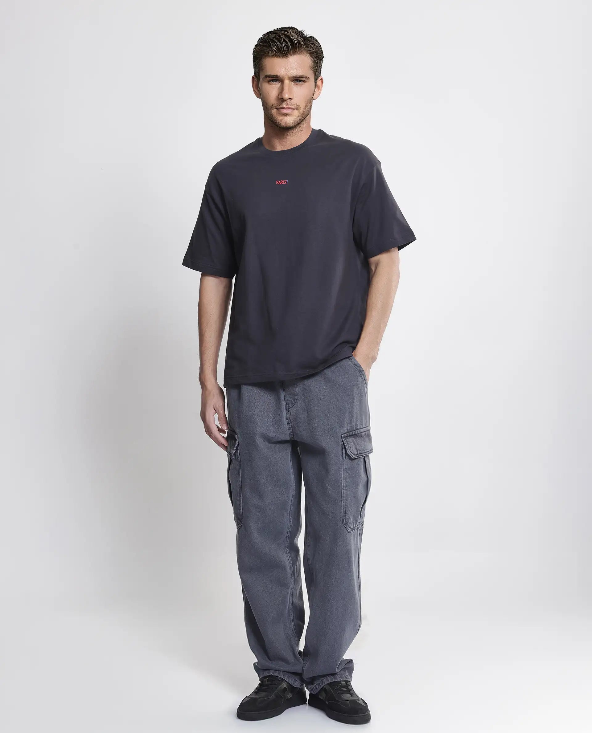 Rare Rabbit Men's Quote Dark Grey Cotton Fabric Half Sleeve Crew Neck Oversized Fit Graphic Print T-Shirt