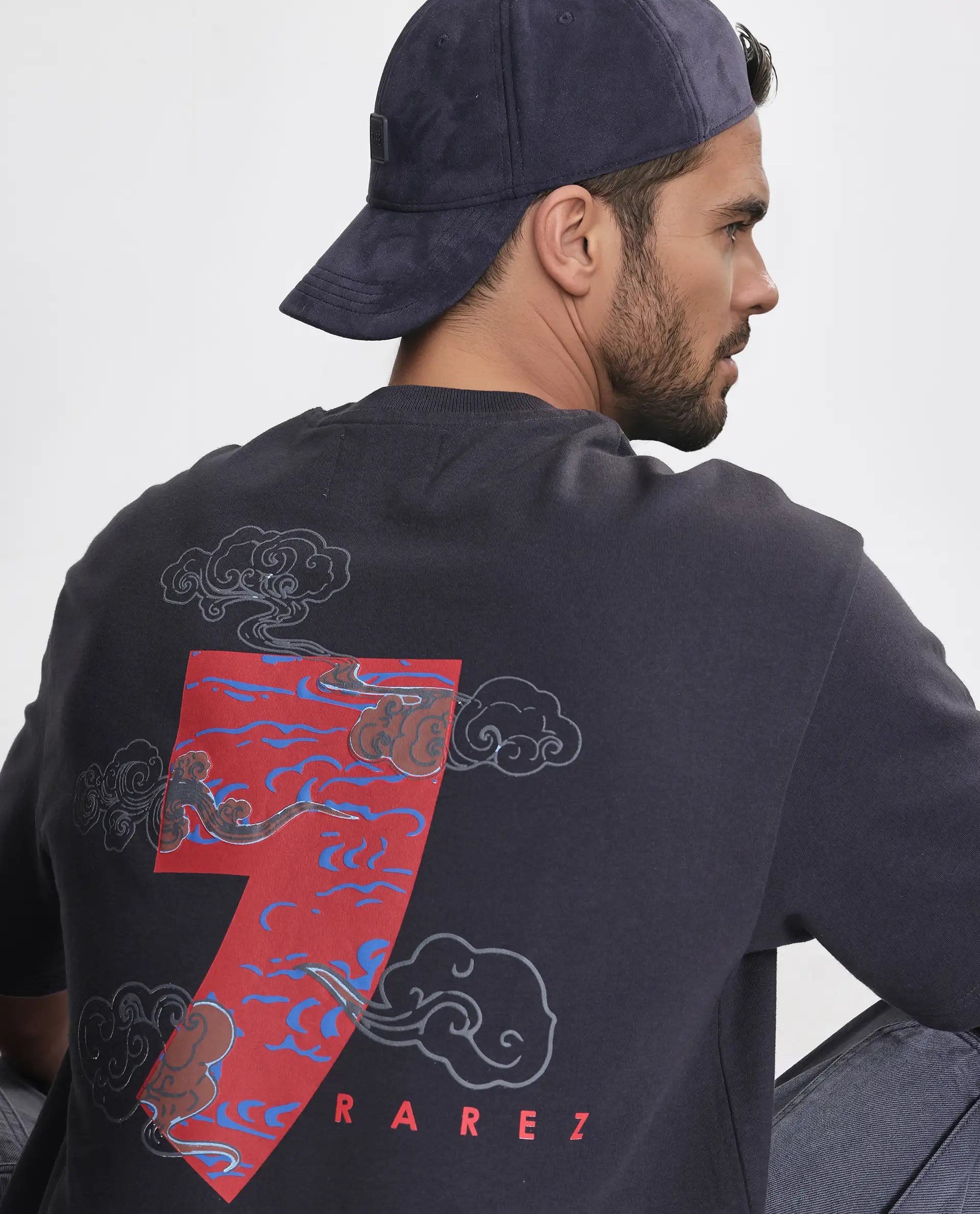 Rare Rabbit Men's Quote Dark Grey Cotton Fabric Half Sleeve Crew Neck Oversized Fit Graphic Print T-Shirt