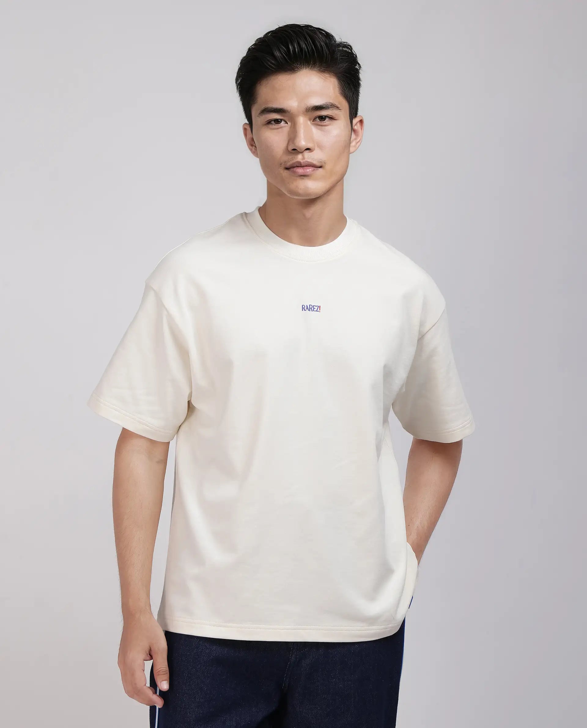 Rare Rabbit Men's Quote Off White Cotton Fabric Half Sleeve Crew Neck Oversized Fit Graphic Print T-Shirt