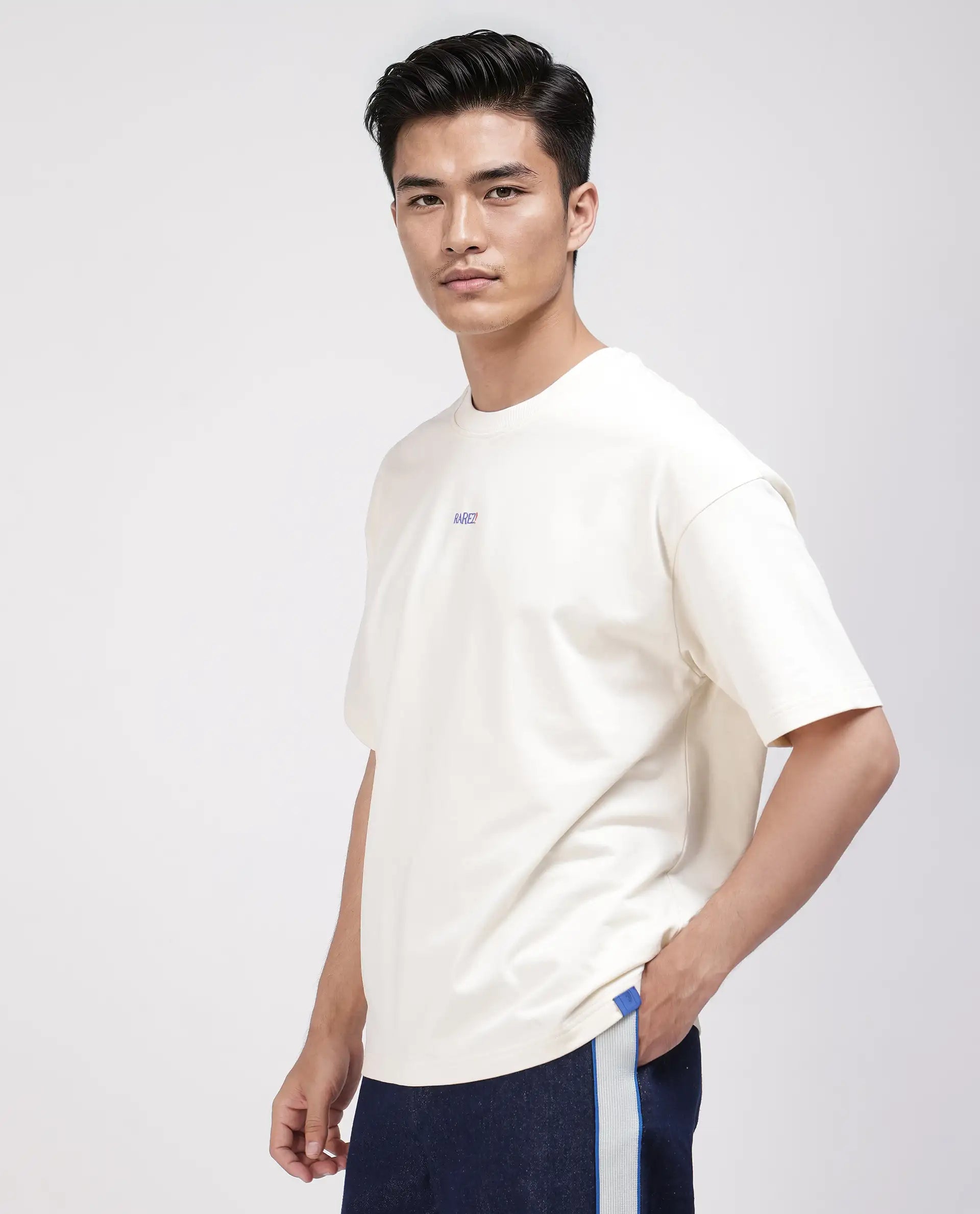 Rare Rabbit Men's Quote Off White Cotton Fabric Half Sleeve Crew Neck Oversized Fit Graphic Print T-Shirt