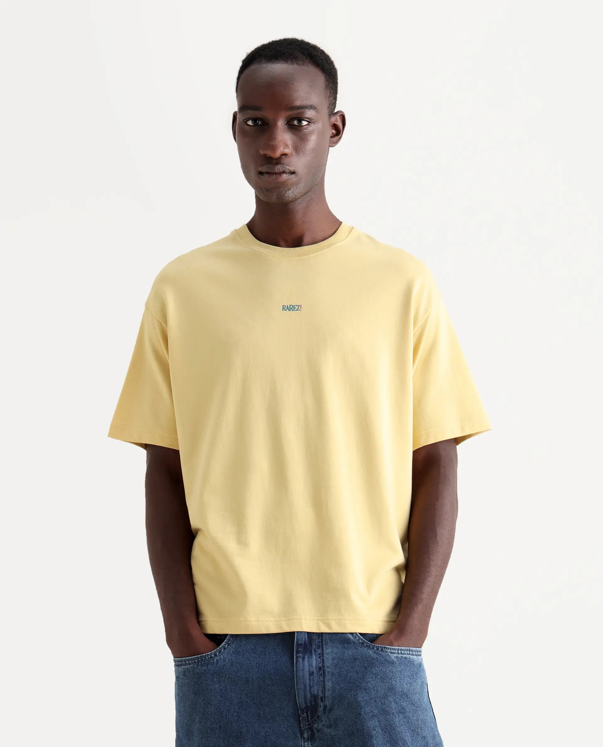 Rare Rabbit Men's Quote Yellow Cotton Graphic Print Oversized Fit Half Sleeve Crew Neck T-Shirt