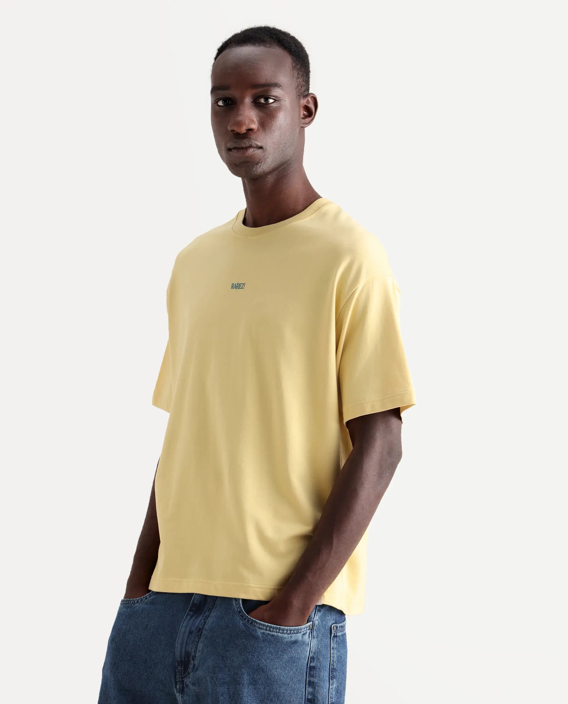 Rare Rabbit Men's Quote Yellow Cotton Graphic Print Oversized Fit Half Sleeve Crew Neck T-Shirt