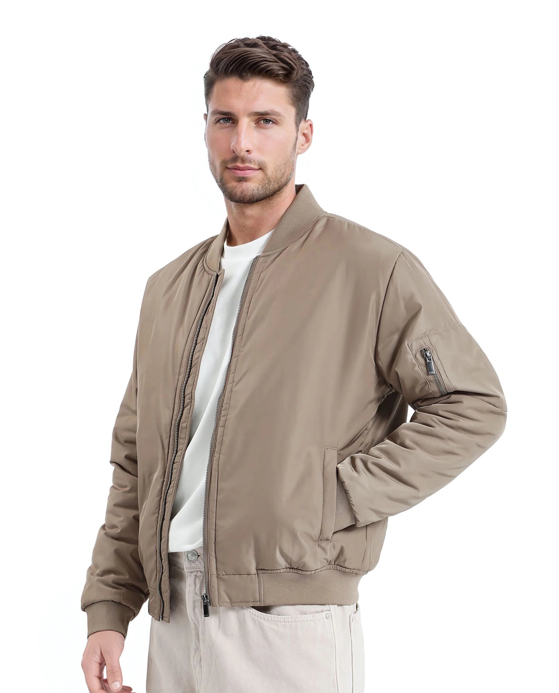 Rare Rabbit Men Quoto Brown Polyester Fabric Full Sleeve Ribbed Collar and Cuff Solid Bomber Jacket