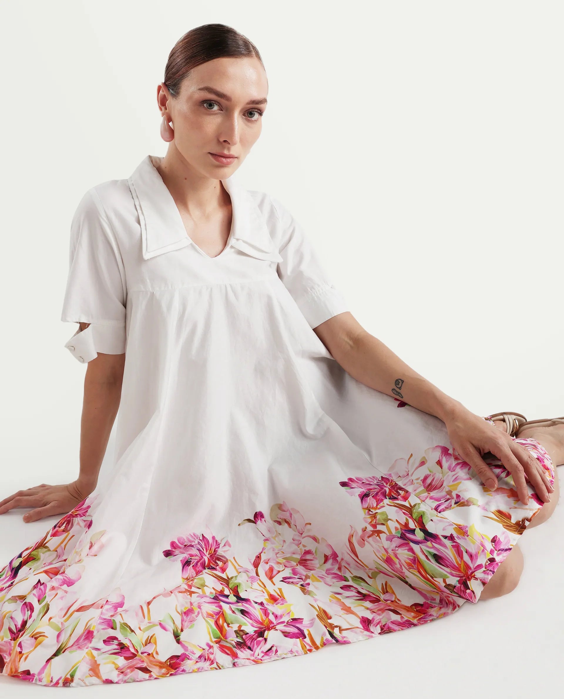 Rareism Women's Qura Multi Cotton Blend Johnny Collar Floral Print Cutout Sleeve Knee Length Flared Dress