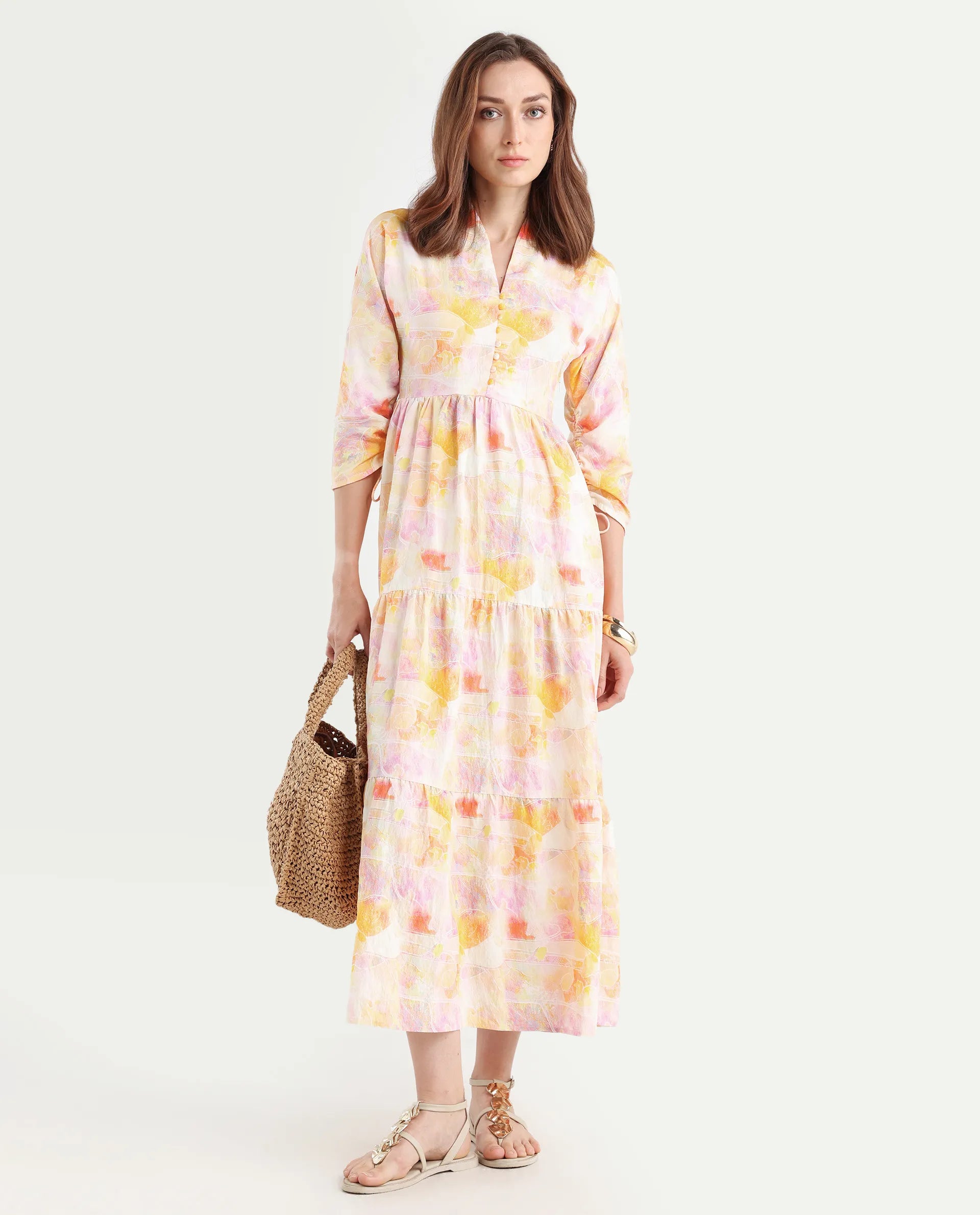 Rareism Women's Qurobi Pastel Multi Nylon Blend Built-Up Neck Abstract Print Kimono Sleeve Maxi Fit And Flare Dress