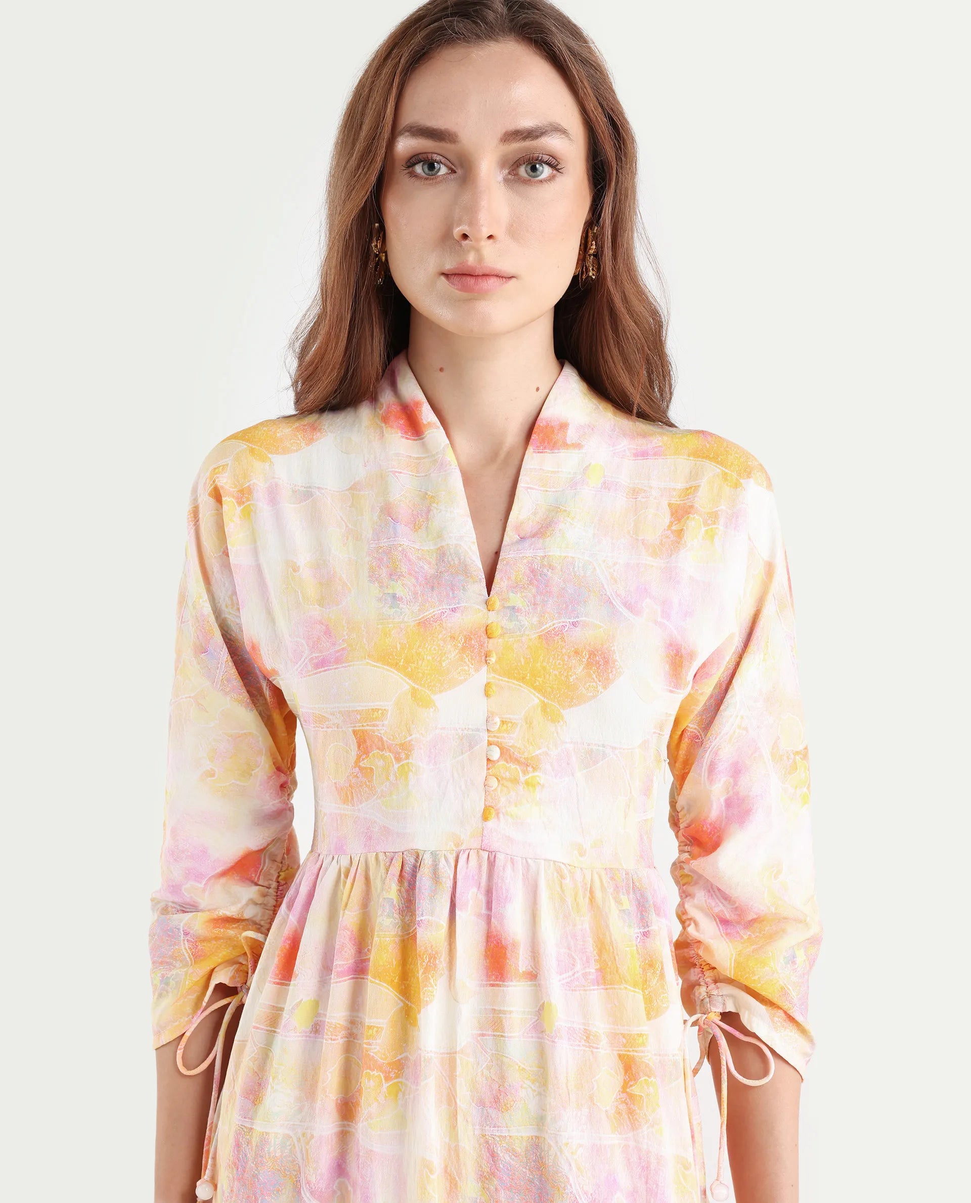 Rareism Women's Qurobi Pastel Multi Nylon Blend Built-Up Neck Abstract Print Kimono Sleeve Maxi Fit And Flare Dress