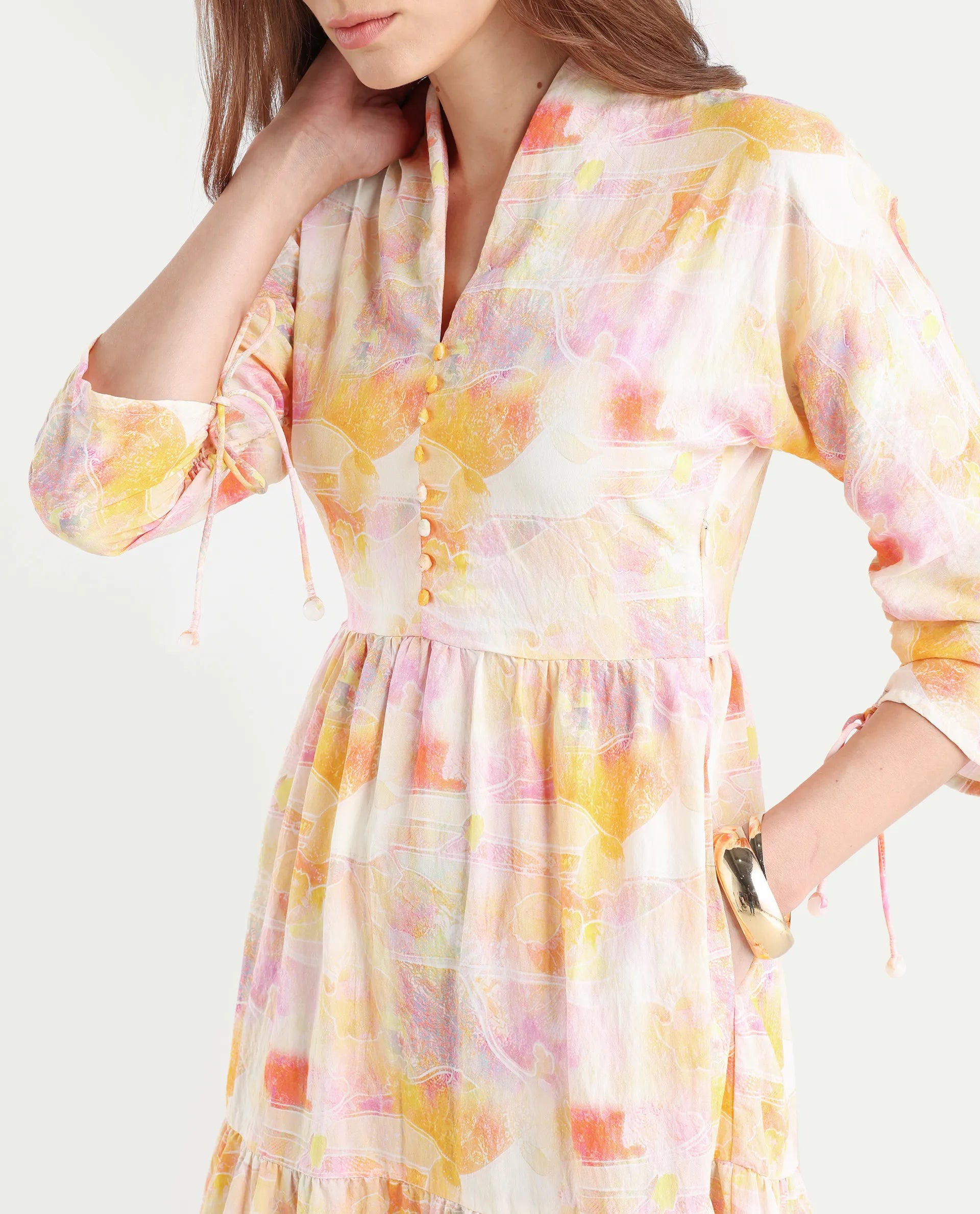 Rareism Women's Qurobi Pastel Multi Nylon Blend Built-Up Neck Abstract Print Kimono Sleeve Maxi Fit And Flare Dress