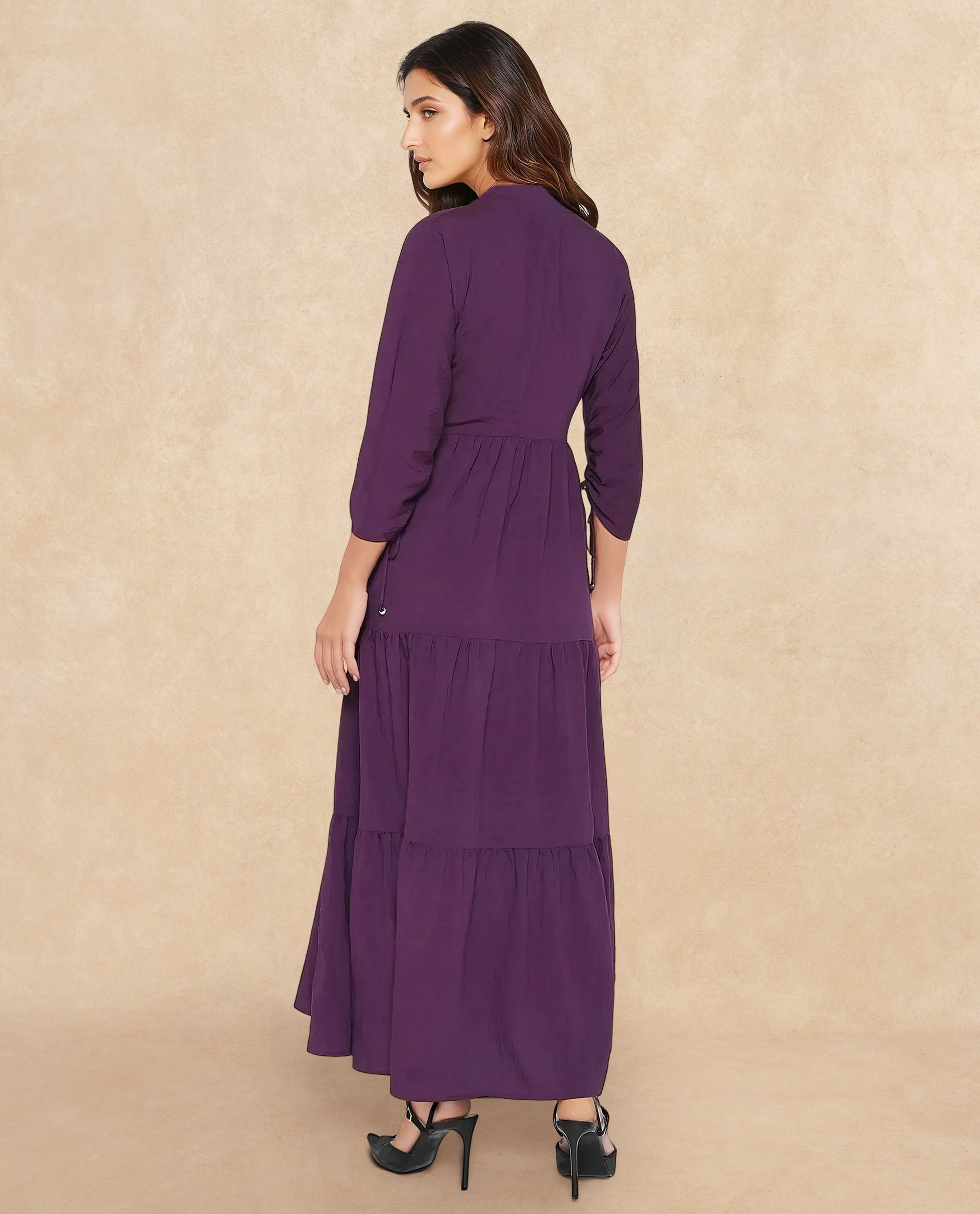 Rareism Women Quroti Purple Nylon Viscose Fabric Kimono Sleeve Built Up Neck Maxi Plain Dress