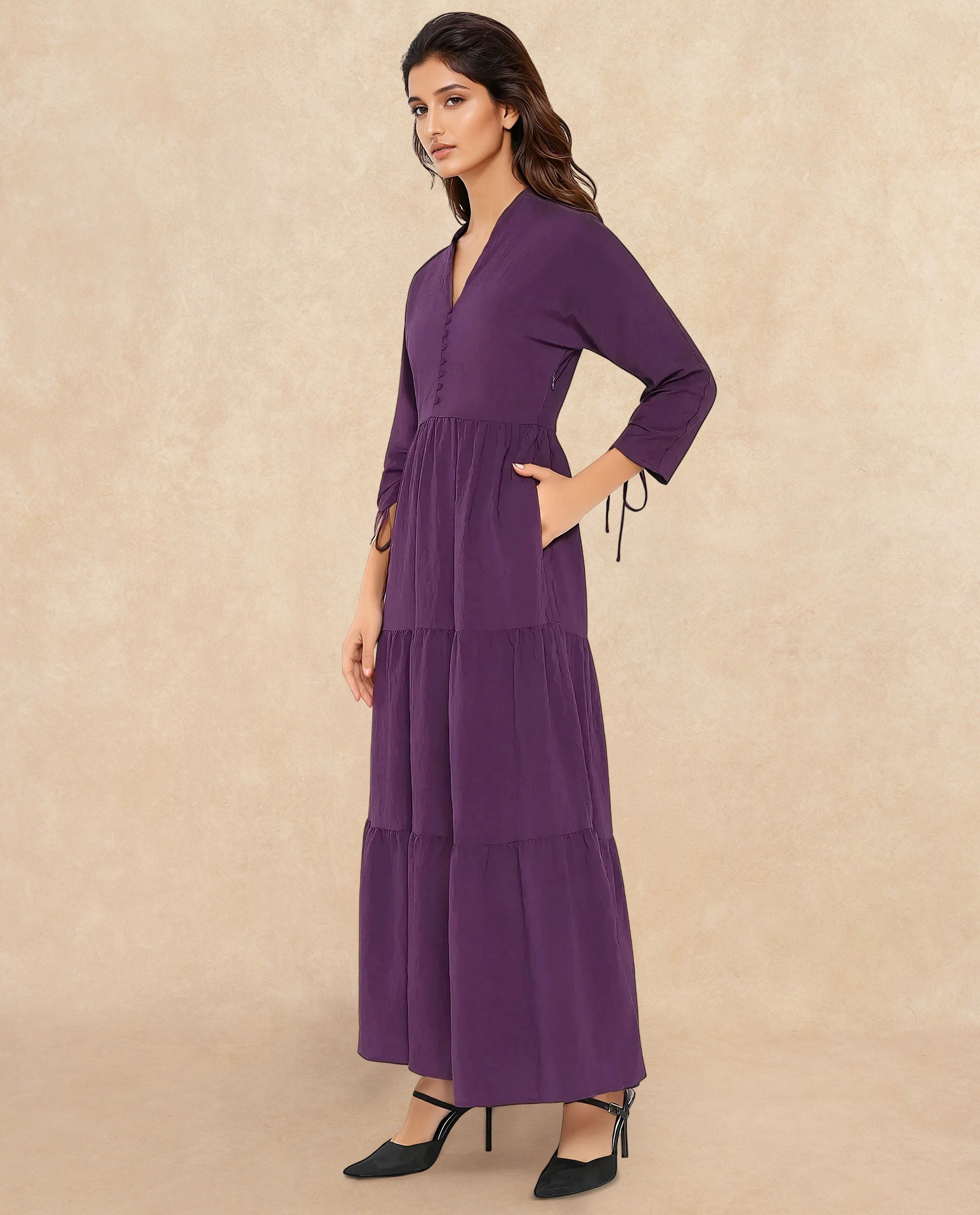 Rareism Women Quroti Purple Nylon Viscose Fabric Kimono Sleeve Built Up Neck Maxi Plain Dress