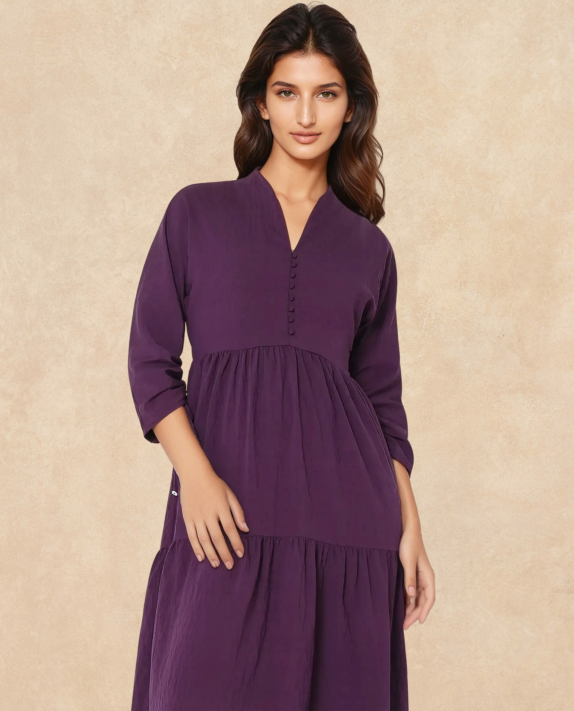 Rareism Women Quroti Purple Nylon Viscose Fabric Kimono Sleeve Built Up Neck Maxi Plain Dress